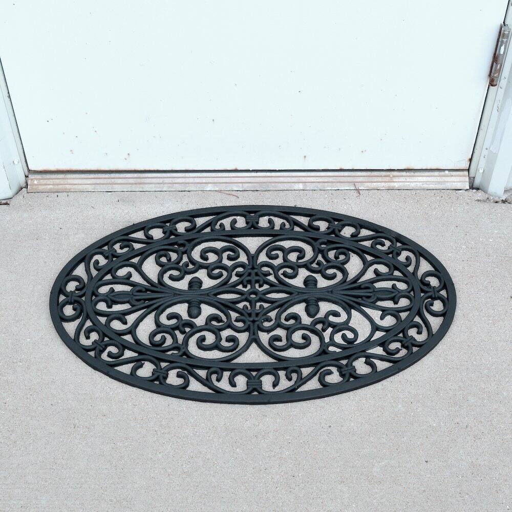 Angle. AmeriHome - AmeriHome Oval Shape Decorative Scrollwork Rubber Entry Mat 18 x 30 in. 2 Piece Set - Black.