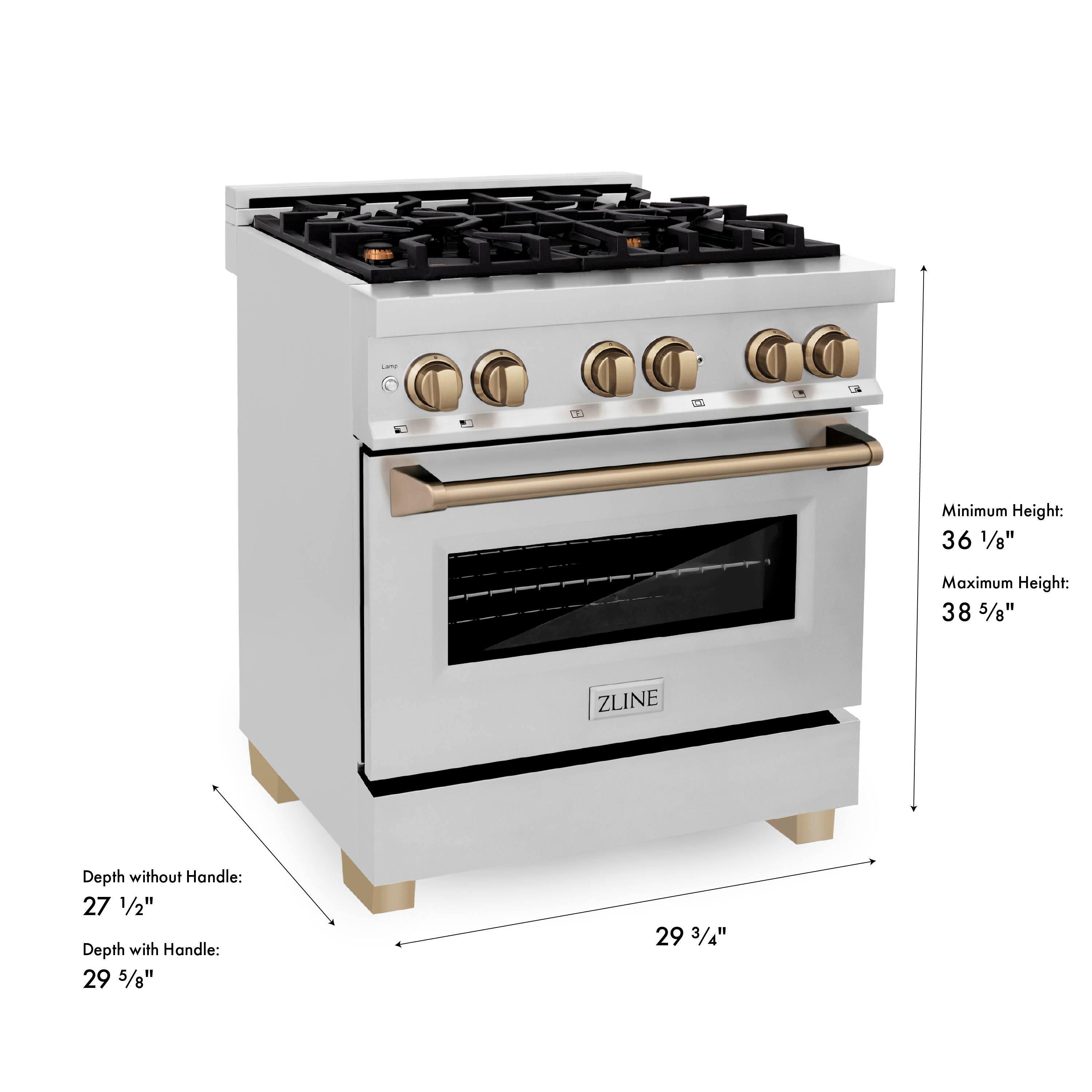 - Minimum Height: 36 1/8"
- Maximum Height: 38 5/8"
- ZLINE Depth without Handle: 27 1/2"
- Depth with Handle: 29 5/8"
- 29 3/4"