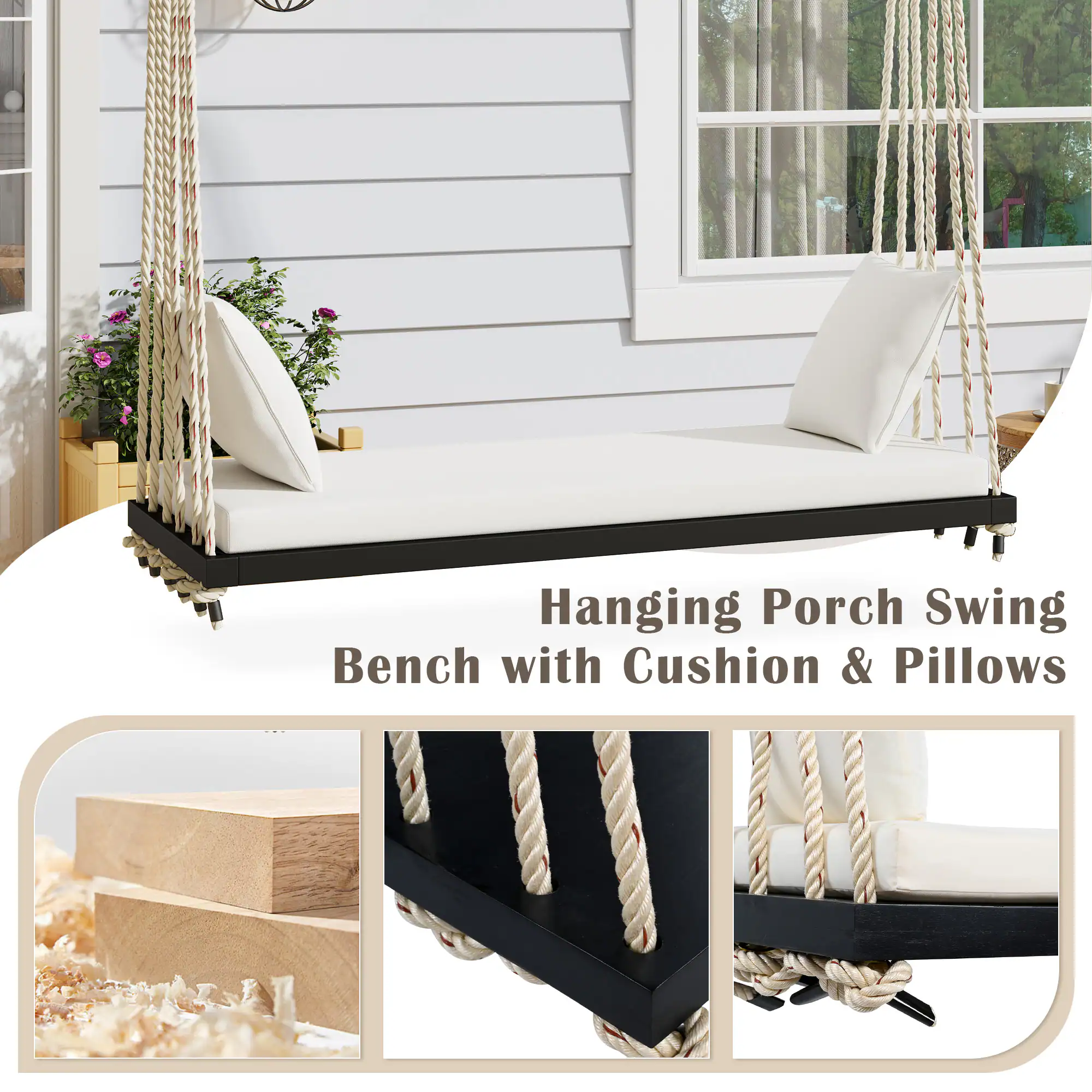 Hanging Porch Swing Bench with Cushion & Pillows