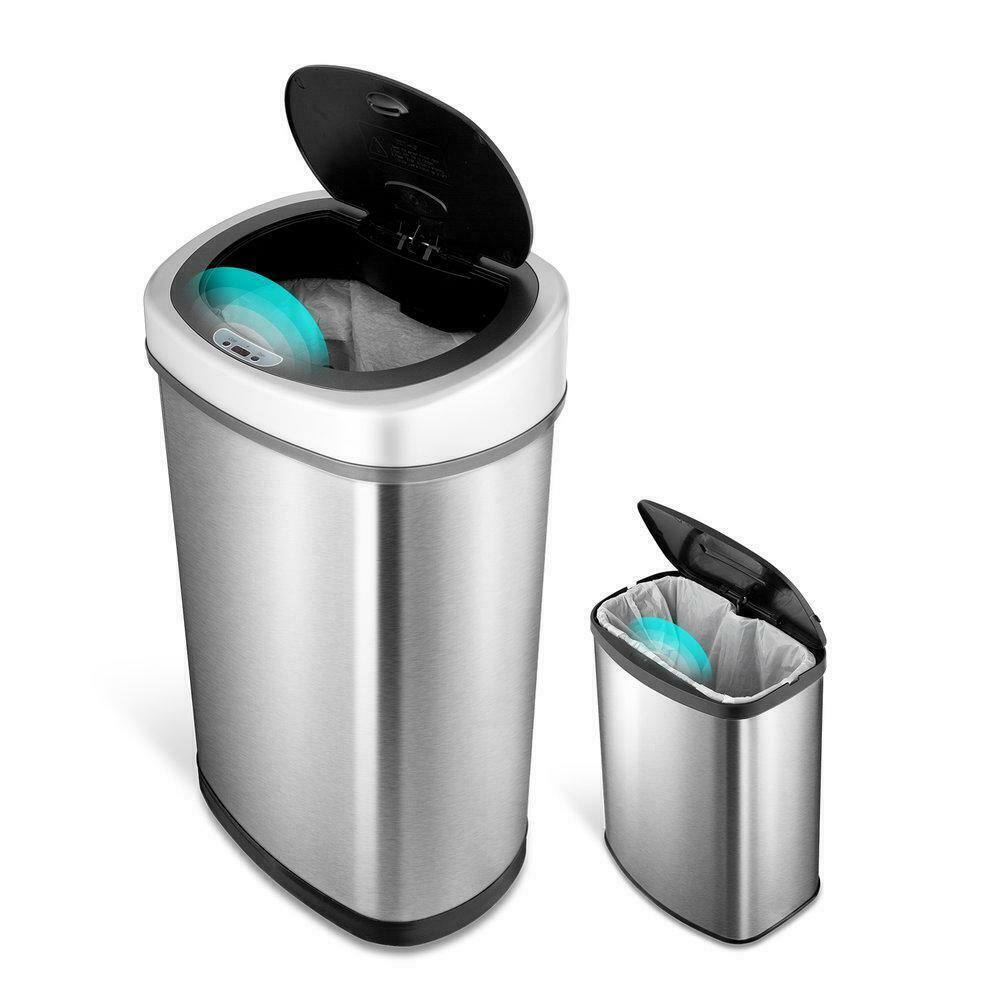 Left. Nine Stars - Rectangular Motion Sensor Trash Can 13.2 Gallon & 2.1 Gallon.