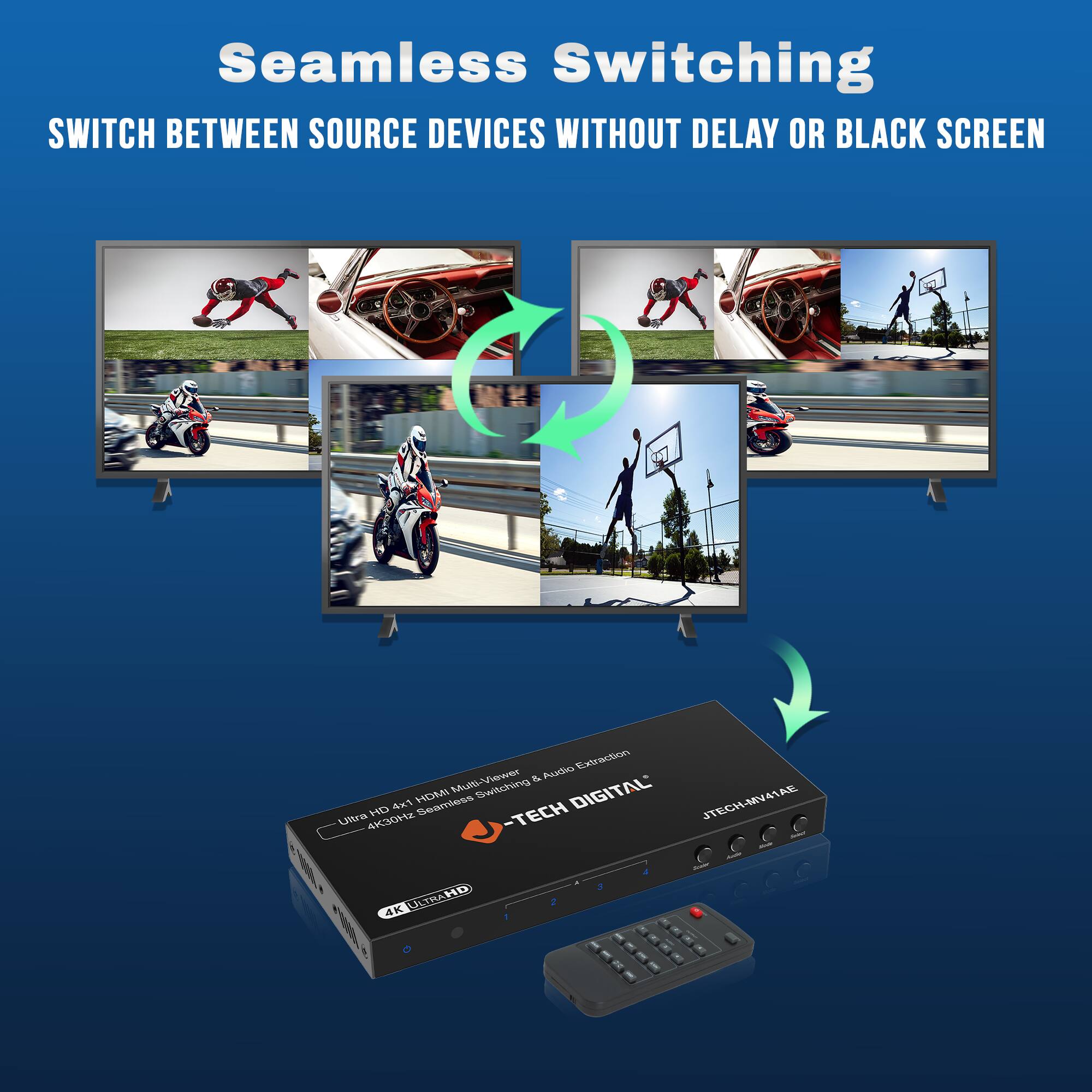 Seamless Switching  
SWITCH BETWEEN SOURCE DEVICES WITHOUT DELAY OR BLACK SCREEN  

Ultra HD 4K HDMI Multi-Viewer  
4K30Hz Seamless Switching & Audio Extraction  

JTECH DIGITAL  
JTECH-HV4MAE  

4K ULTRA HD