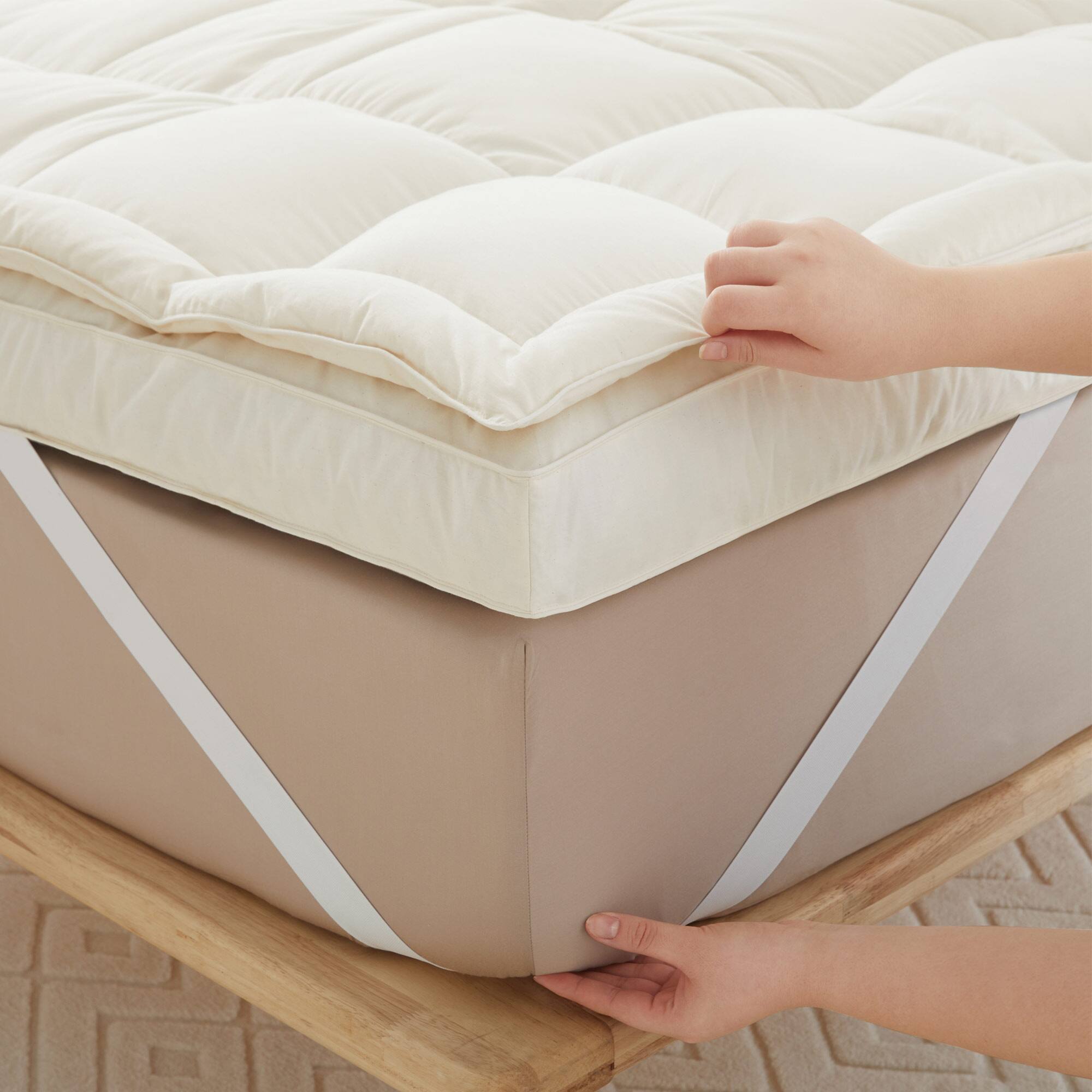Alt View 1. Puredown - Puredown Selected 3-Inch Organic Cotton Goose Feather Down Mattress Topper with Elastic Straps, Queen - Off-White.