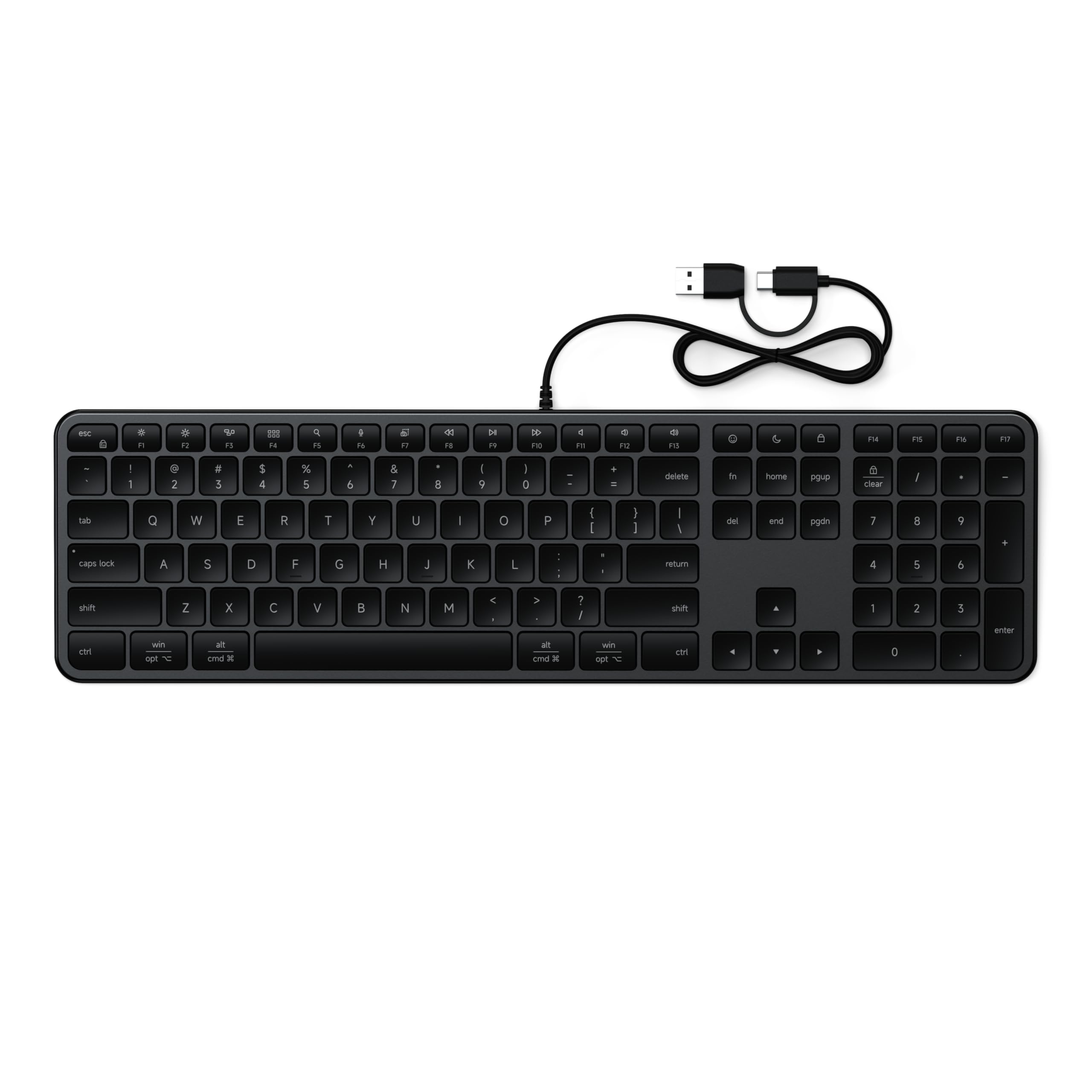 Satechi - Slim LX3 Wired Full-Size Keyboard - Aluminum, Cross-Platform OS Switching, USB-C, for Mac & PC - Space Black