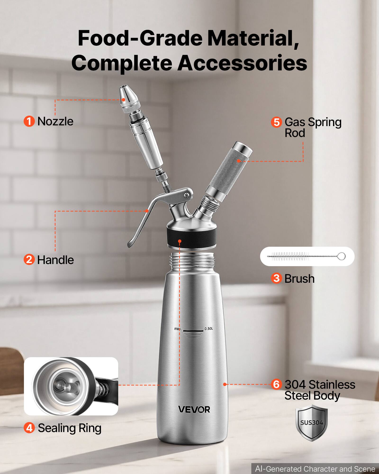 Food-Grade Material, Complete Accessories

1 Nozzle
2 Handle
3 Brush
4 Sealing Ring
5 Gas Spring Rod
6 304 Stainless Steel Body SUS304

0.50L

VEVOR

AI-Generated Character and Scene