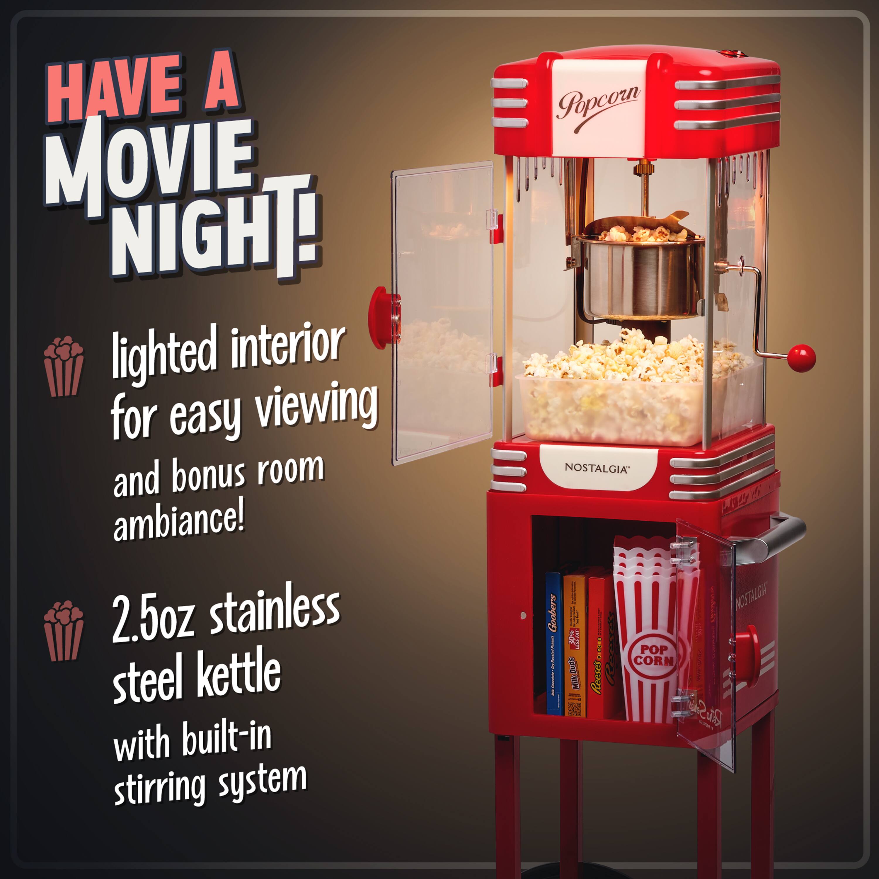 HAVE A MOVIE NIGHT!  
lighted interior for easy viewing and bonus room ambiance!  
2.5oz stainless steel kettle with built-in stirring system  

NOSTALGIA Goodera I - L ATO i POP CORN - M pry 6