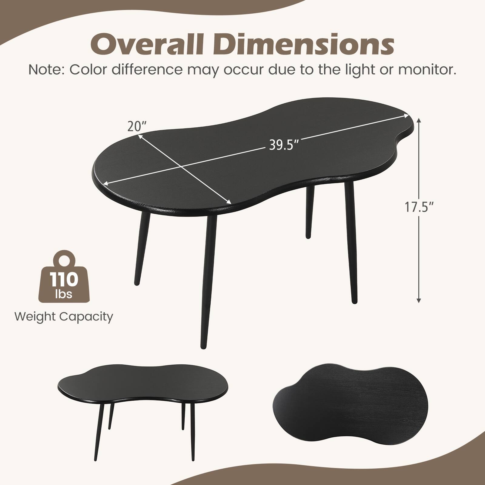 Overall Dimensions  
Note: Color difference may occur due to the light or monitor.  

20" x 39.5" x 17.5"  
110 lbs Weight Capacity