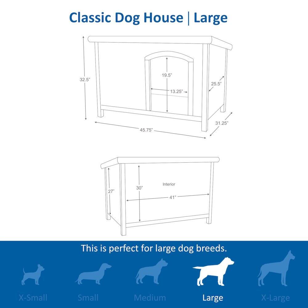 Classic Dog House | Large

32.5" x 19.5" x 25.5" x 13.25" x 45.75" x 31.25" x 27" x 30" Interior 41"

This is perfect for large dog breeds.

X-Small Small Medium Large X-Large