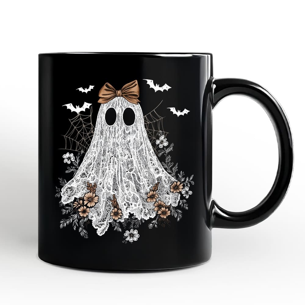 OrnamentallyYou - Cute Lace Ghost Coquette Pesonalized Mug, Floral Vintage Halloween Gift - Black