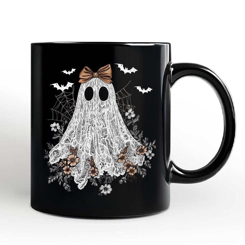 Front. OrnamentallyYou - Cute Lace Ghost Coquette Pesonalized Mug, Floral Vintage Halloween Gift - Black.