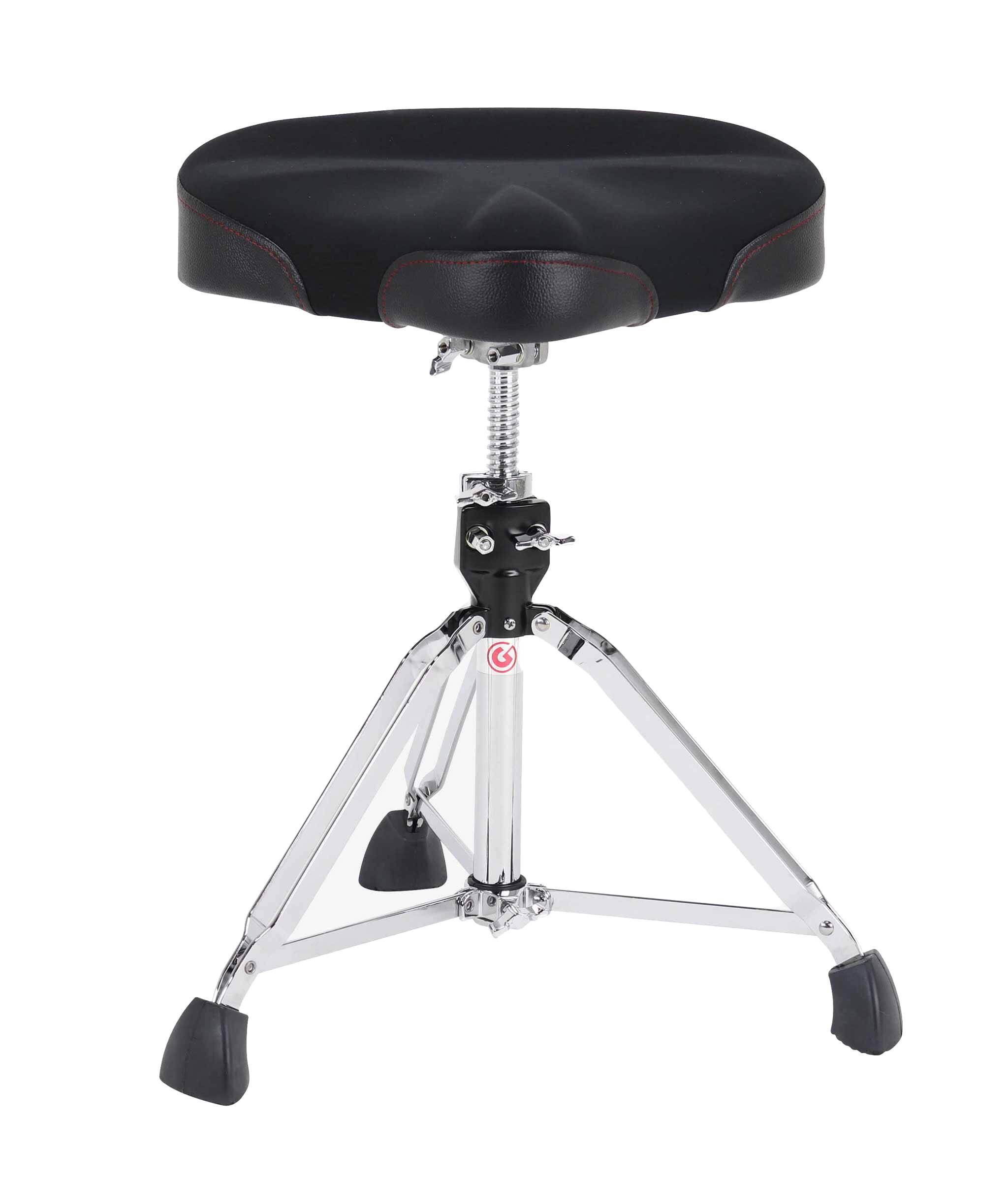 Front. Gibraltar Hardware - 9000 Series Neo Saddle Drum Throne, 16.5” Memory Foam Seat with Neoprene Top, Spin-Lock Height Adjustment.