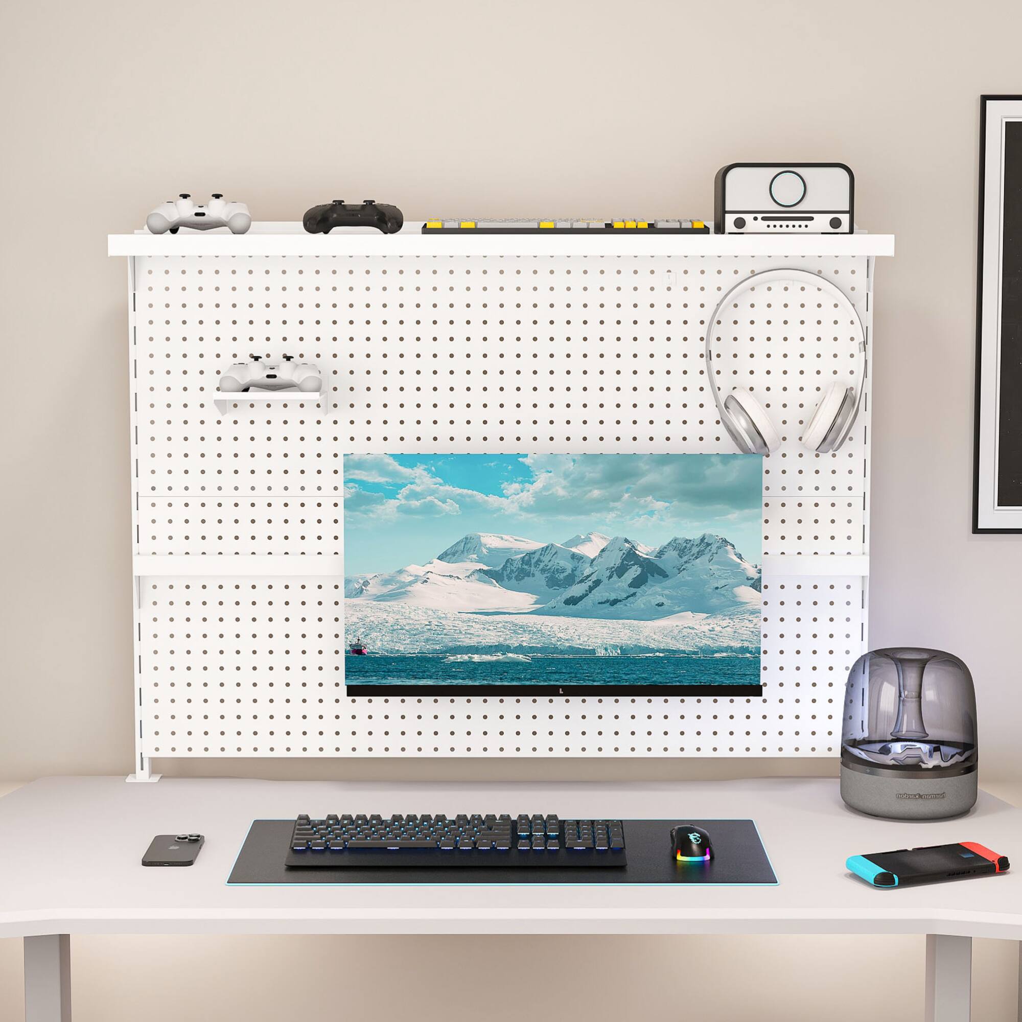 Front. GOODSILO - Steel Clamp-On Desk Pegboard Organizer with Single Monitor Stand and Modular Storage Panel - White.