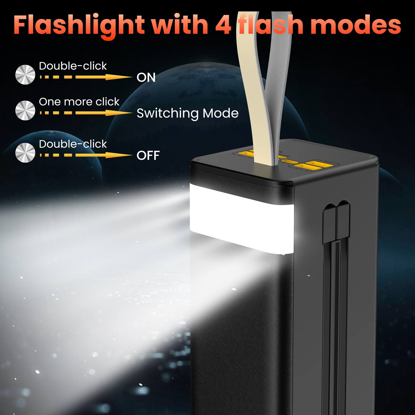 Flashlight with 4 flash modes

- Double-click: ON
- One more click: Switching Mode
- Double-click: OFF