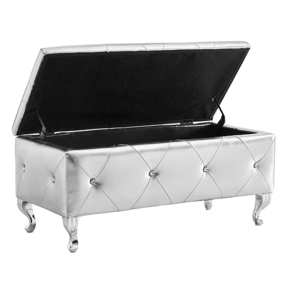 Alt View 3. PDTEND - Rectangular Upholstered Storage Ottoman Bench With Crystal Buttons for Living Room Entryway - Silver.