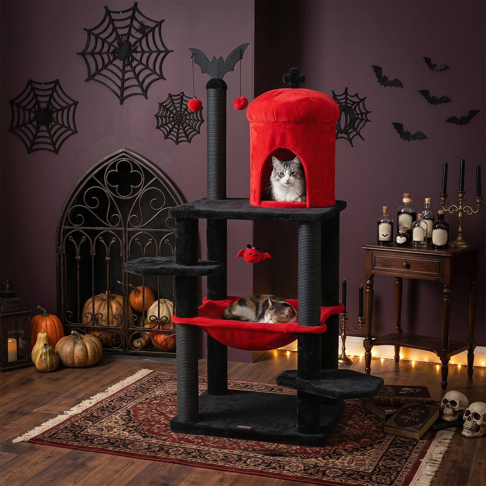Alt View 1. Gymax - Gymax Gothic Cat Tree for Indoor Cats 51'' Spooky Cat Tower w/Castle House Hammock Red & Black - Red.
