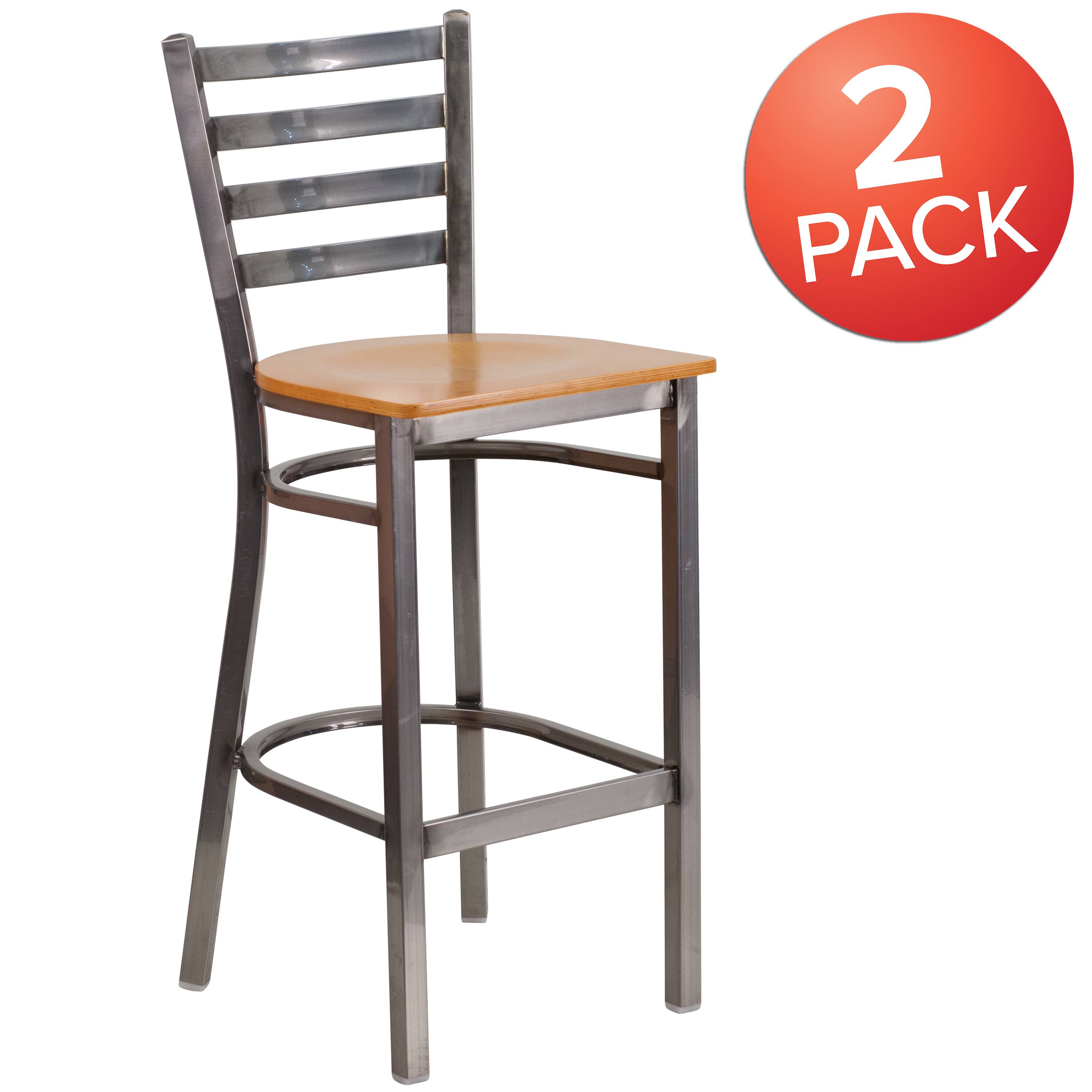 Alt View 1. Emma + Oliver - 2 Pack Clear Coated Ladder Back Metal Restaurant Barstool - Natural Wood Seat/Clear Coated Metal Frame.