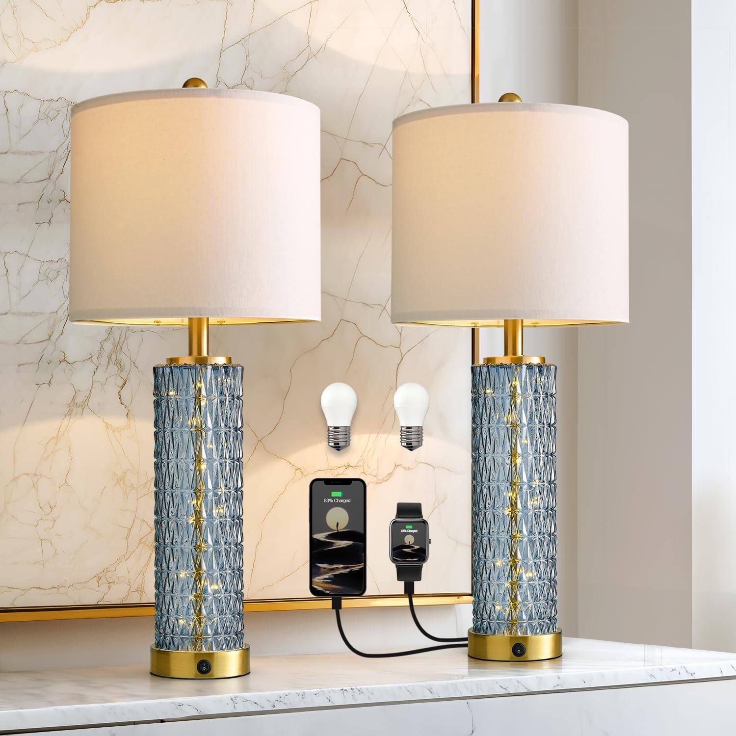 Front. Dazzling Pops - Modern Table Lamps Set Of Bedside Lamp With Crystal Nightlight Usb A c Black Grid Shade Desk For Living Room - Blue - White Shade.