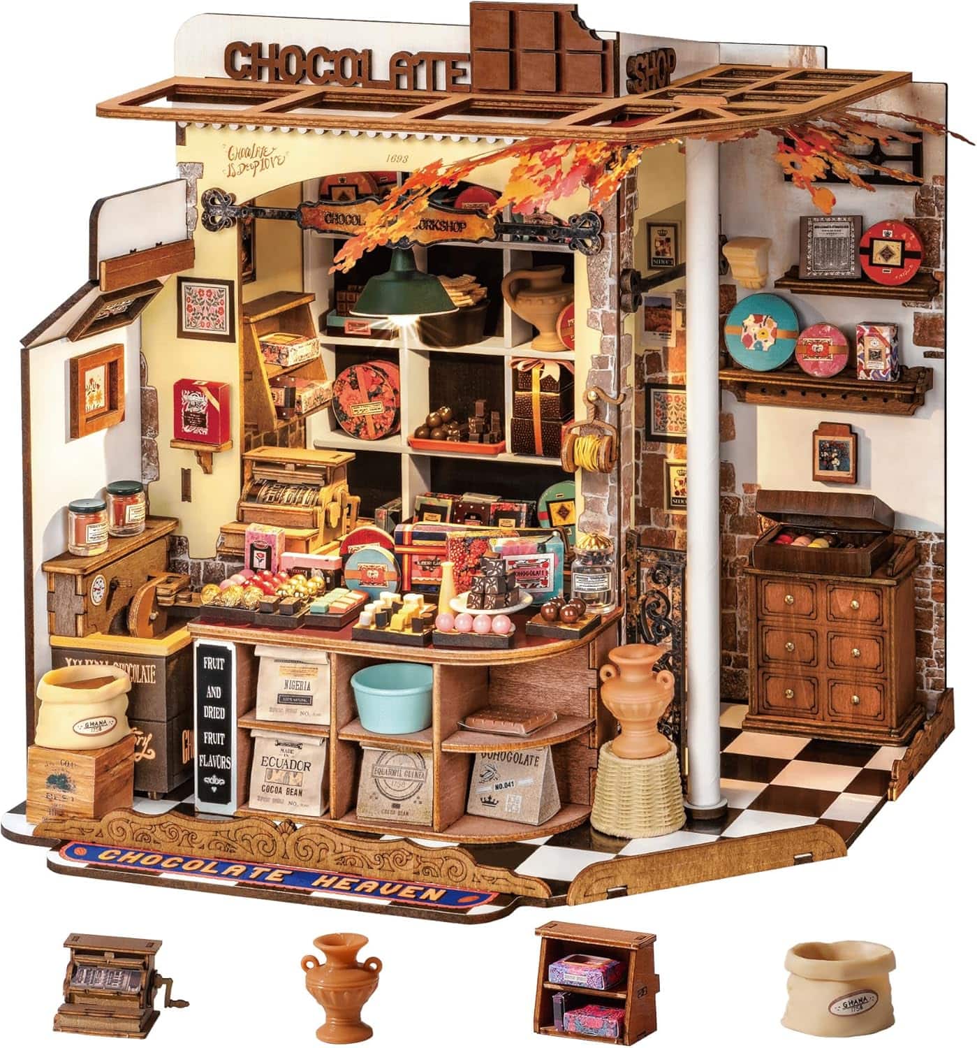 Robotime - Rolife DIY Miniature House Kit Henry's Chocolate Shop 1:18 Scale Dollhouse Diorama, Tiny House Building Kit Crafts - Brown