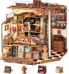 Robotime - Rolife DIY Miniature House Kit Henry's Chocolate Shop 1:18 Scale Dollhouse Diorama, Tiny House Building Kit Crafts - Brown