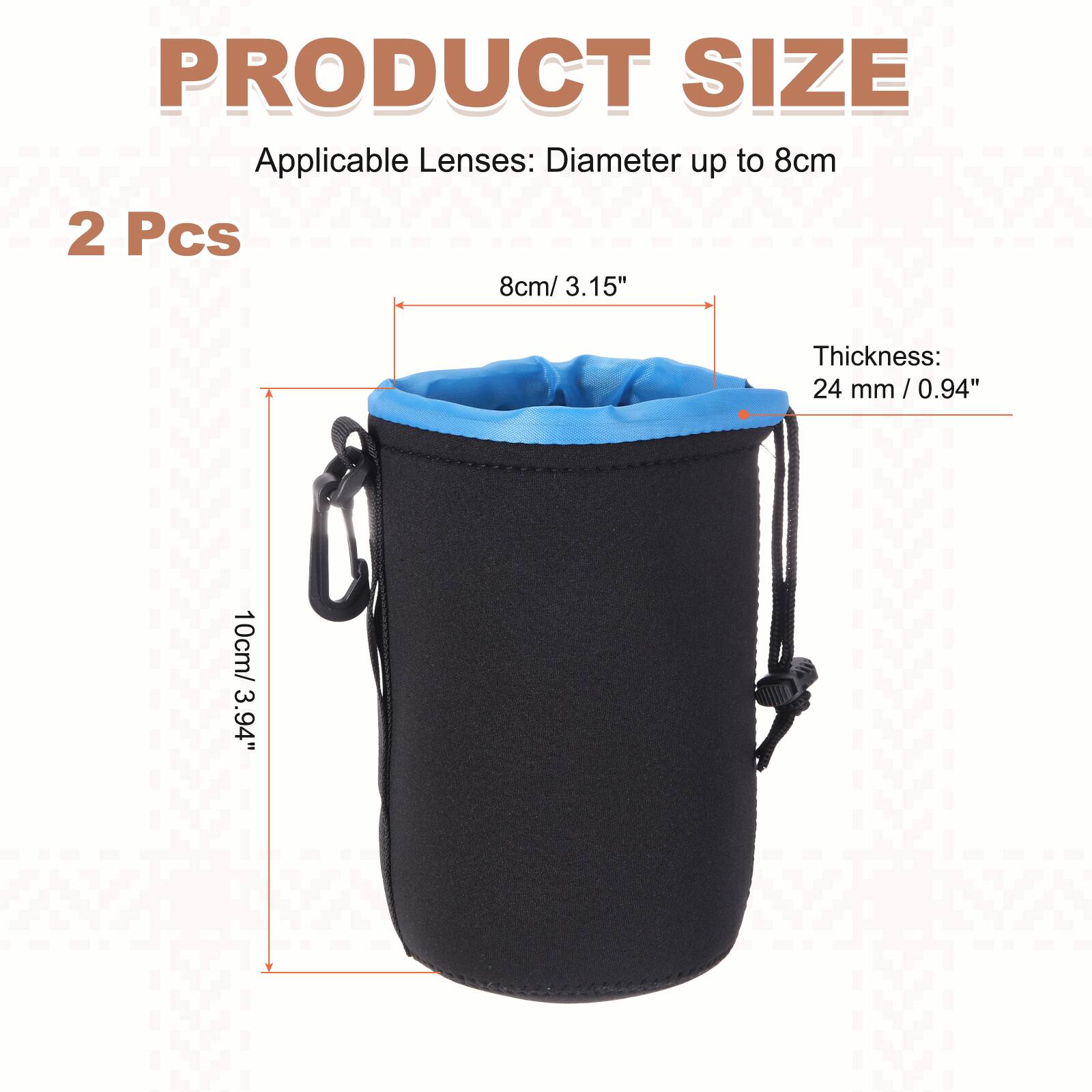 PRODUCT SIZE  
Applicable Lenses: Diameter up to 8cm  
2 Pcs  
Thickness: 24 mm / 0.94"  
10cm / 3.94"