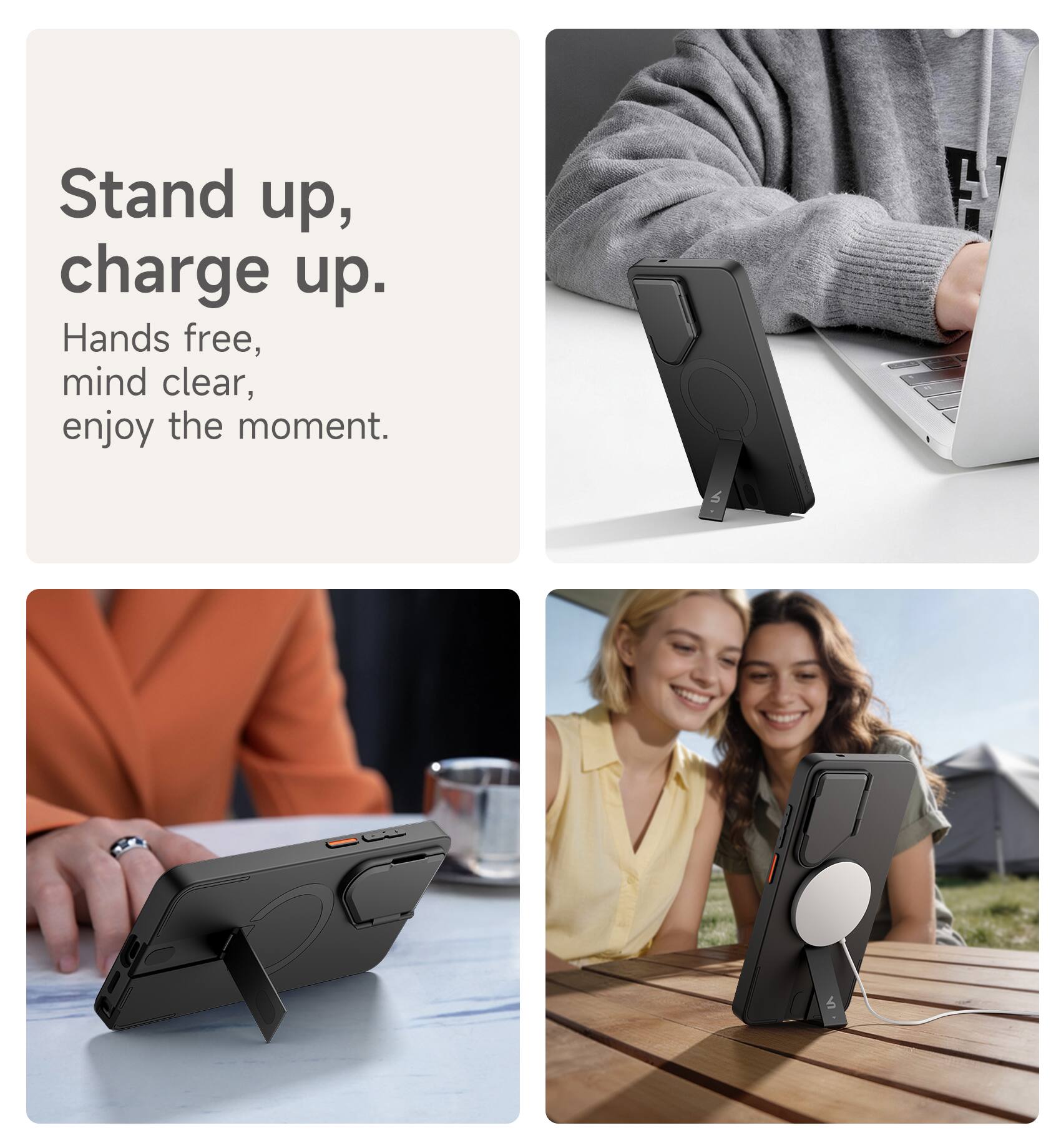 Stand up, charge up.  
Hands free, mind clear, enjoy the moment.