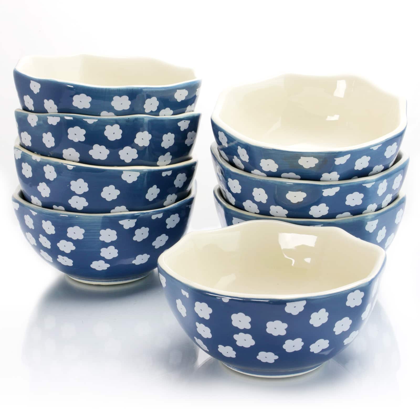 Urban Market - Life On The Farm 8 Piece 4.75 Inch Octagon Shaped Durastone Fruit Bowls in Blue/White - Blue and White
