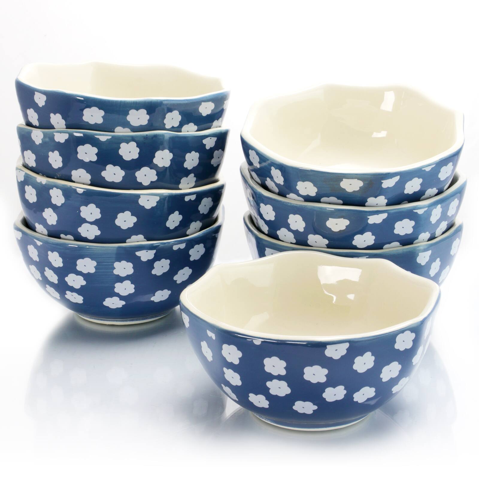 Front. Urban Market - Life On The Farm 8 Piece 4.75 Inch Octagon Shaped Durastone Fruit Bowls in Blue/White - Blue and White.