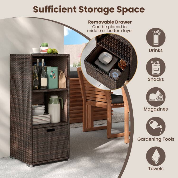 Sufficient Storage Space  
Removable Drawer  
Can be placed in middle or bottom layer  
Drinks  
Snacks  
Magazines  
Gardening Tools  
Towels