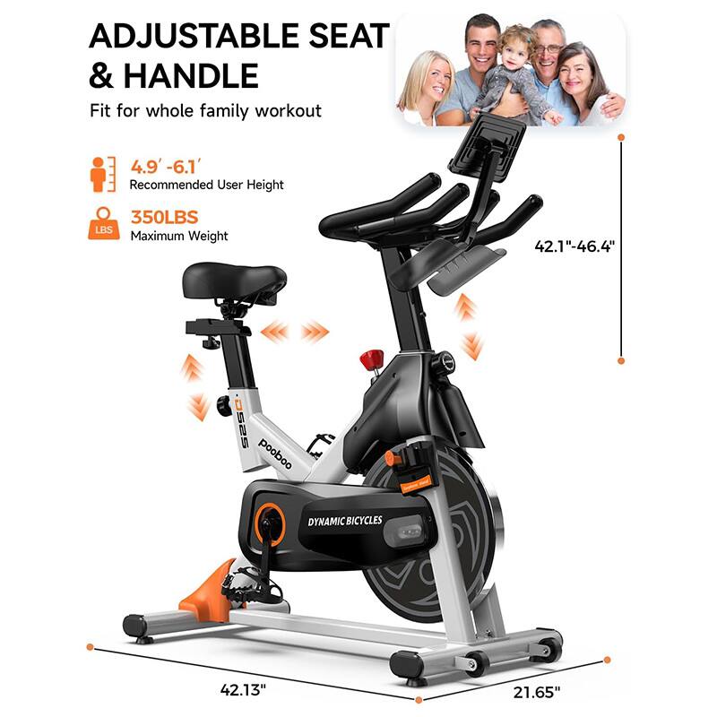 ADJUSTABLE SEAT & HANDLE  
Fit for whole family workout  

4.9' - 6.1'  
Recommended User Height  

350LBS  
Maximum Weight  

42.1" - 46.4"  
42.13"  
21.65"  

DYNAMIC BICYCLES