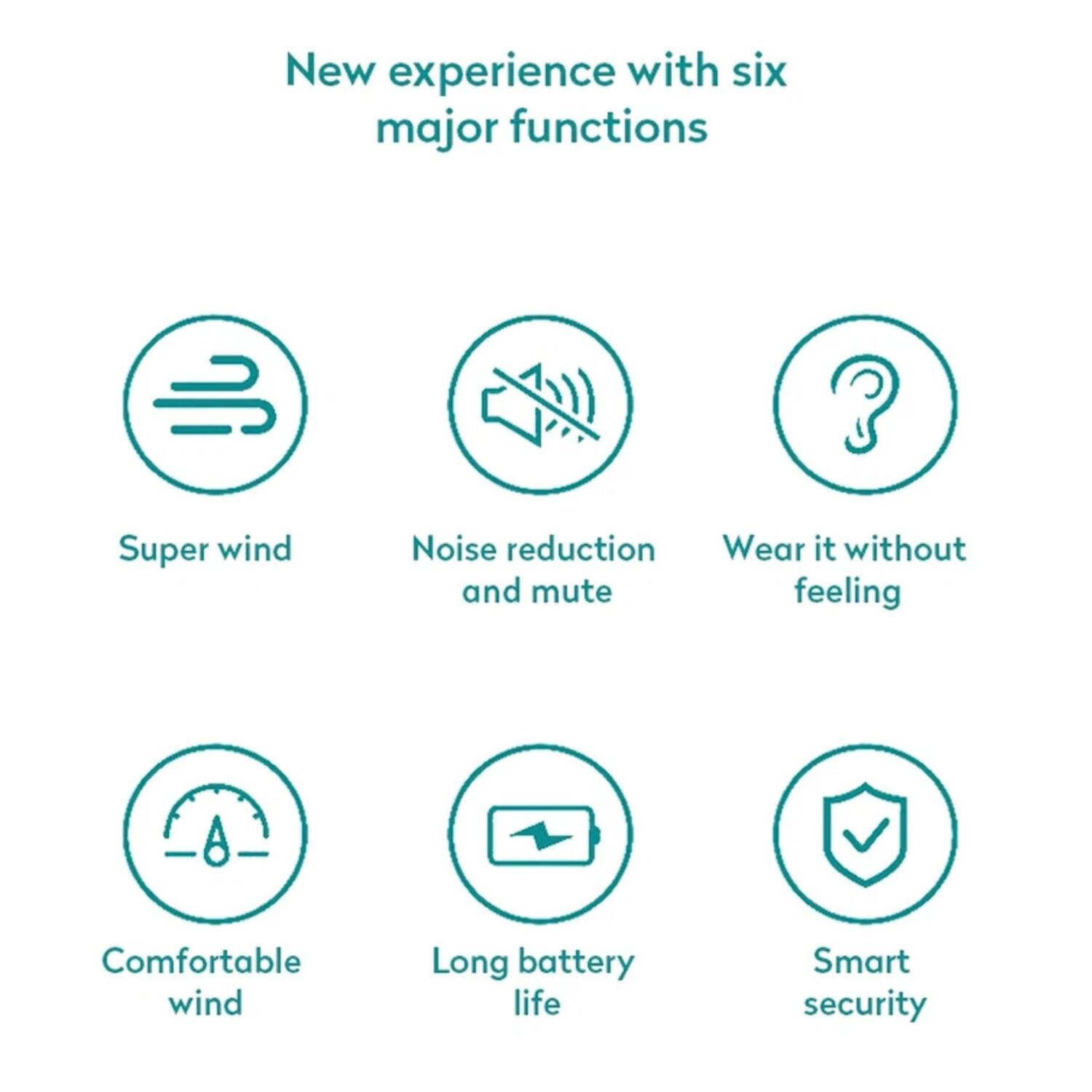 New experience with six major functions

- Super wind
- Noise reduction and mute
- Wear it without feeling
- Comfortable wind
- Long battery life
- Smart security