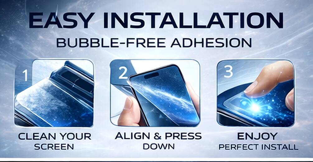 EASY INSTALLATION  
BUBBLE-FREE ADHESION  

1. CLEAN YOUR SCREEN  
2. ALIGN & PRESS DOWN  
3. ENJOY PERFECT INSTALL