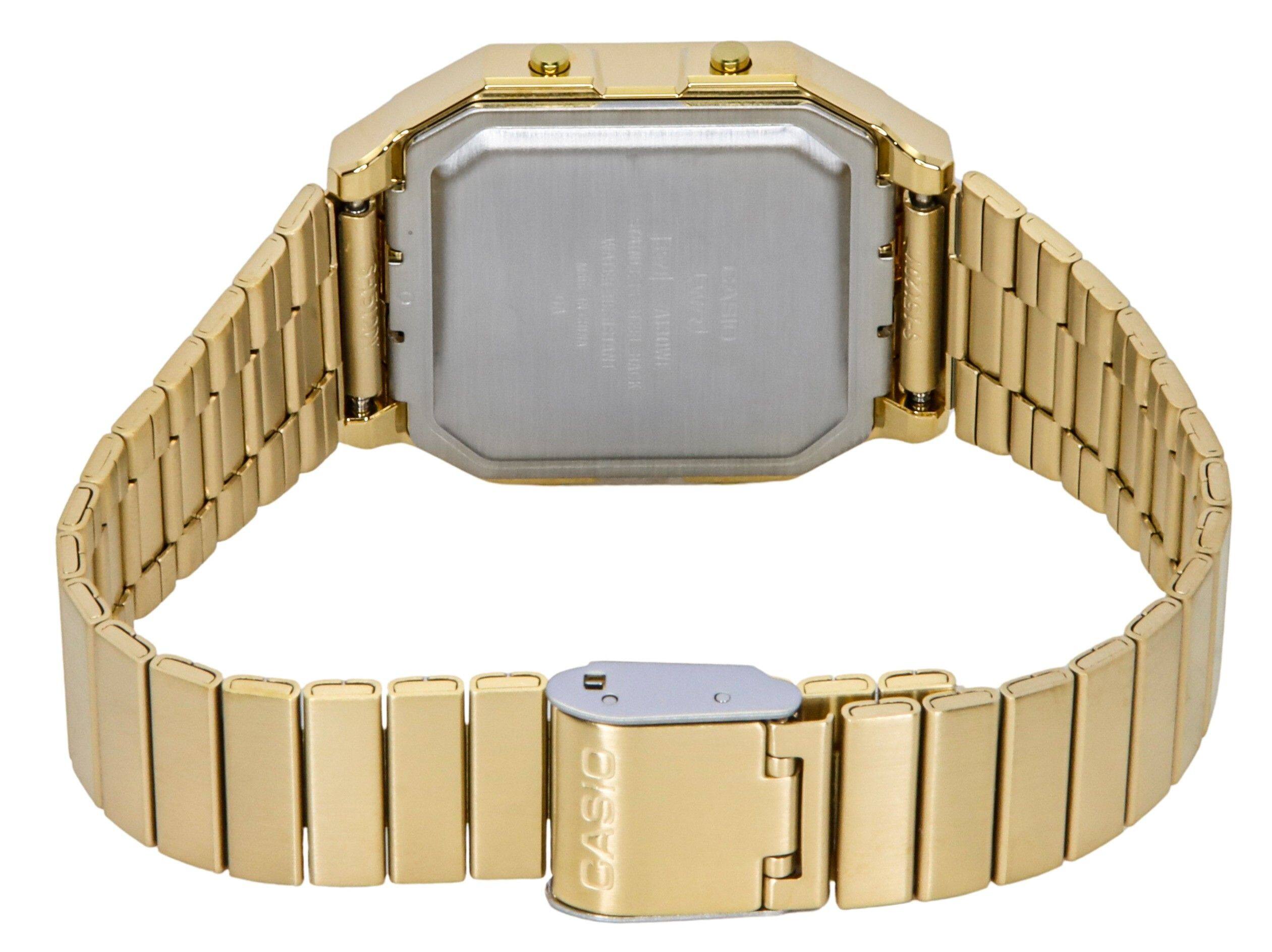 Back. Casio - Vintage Digital Stainless Steel Quartz A130WEG-9A Unisex Watch - Gold.