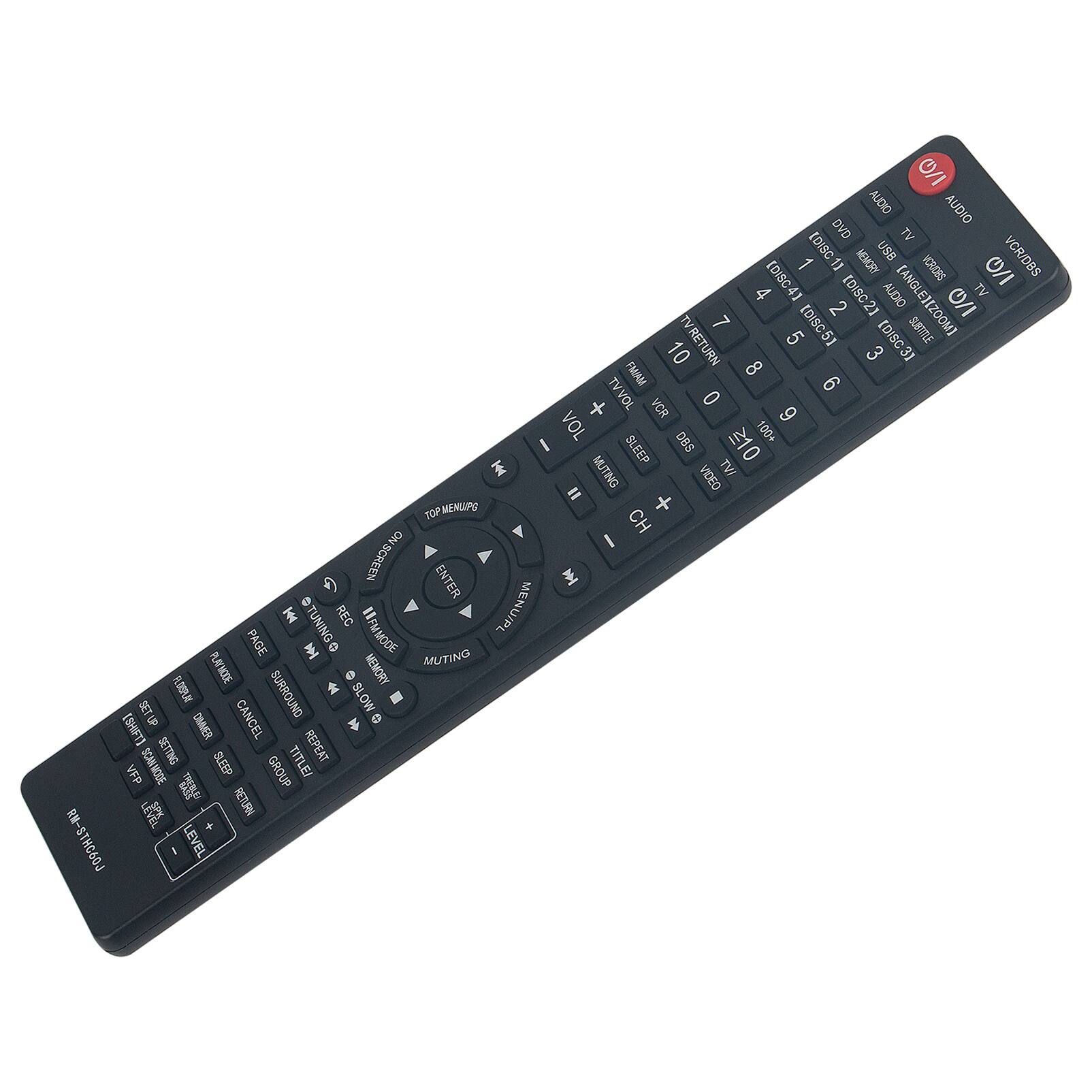 Sure, here is the corrected and grouped text from the image:

---

**Top Section:**
- AUDIO
- DVD
- TV (DISC1)
- MEMORY
- USB
- VCR/DBS
- 1 MCRICES
- 0/I
- 4 (DISC4)
- 41
- [DISC2]
- AUDIO
- [ANGLE]
- EZOOM
- 0/I
- TV
- 2
- 7 (505)
- SE
- TVRETURN
- 5
- [DISC3]
- 10
- 3
- FMIAM
- 8
- 6
- + TVVOL
- VCR
- 0
- 6
- VOL
- DBS
- 100+
- I SLEEP
- 210
- MUTING
- VIDEO
- TVI
- =
- TOP MENU
- O
- MENU/PL
- H
- TUNING
- REC
- PAGE
- IFMMODE
- PUAEHODE
- MUTING
- MEMORY
- FLOOPLM
- SURROUND
- SLOW
- SET
- UPP
- CIMMER
- CANCEL
- O (SHIFT)
- REPEAT
- SCAKMODE
- SETTING
- BLEEP
- TITLE/
- VIP
- GROUP
- RETURN
- RM-STHC60J
- I EVEL

**Bottom Section:**
- TOP MENU/UP
- DOWN
- ENTER
- LEFT
- RIGHT
- ENTER
- TUNING
- REC
- MENU
- MUTE
- PAGE
- SURROUND
- SLOW
- SET
- CANCEL
- SLEEP
- REPEAT
- SCAKMODE
- SETTING
- BLEEP
- TITLE/
- VIP
- GROUP
- RETURN
- RM-STHC60J

**Number Pad:**
- 1
- 2
- 3
- 4
- 5
- 6
- 7
- 8
- 9
- 0
- VOL
- SLEEP
- DBS
- TV
- CH
- MUTE
- TV
- AUDIO
- VCR
- DVD
- MEMORY
- USB
- VCR