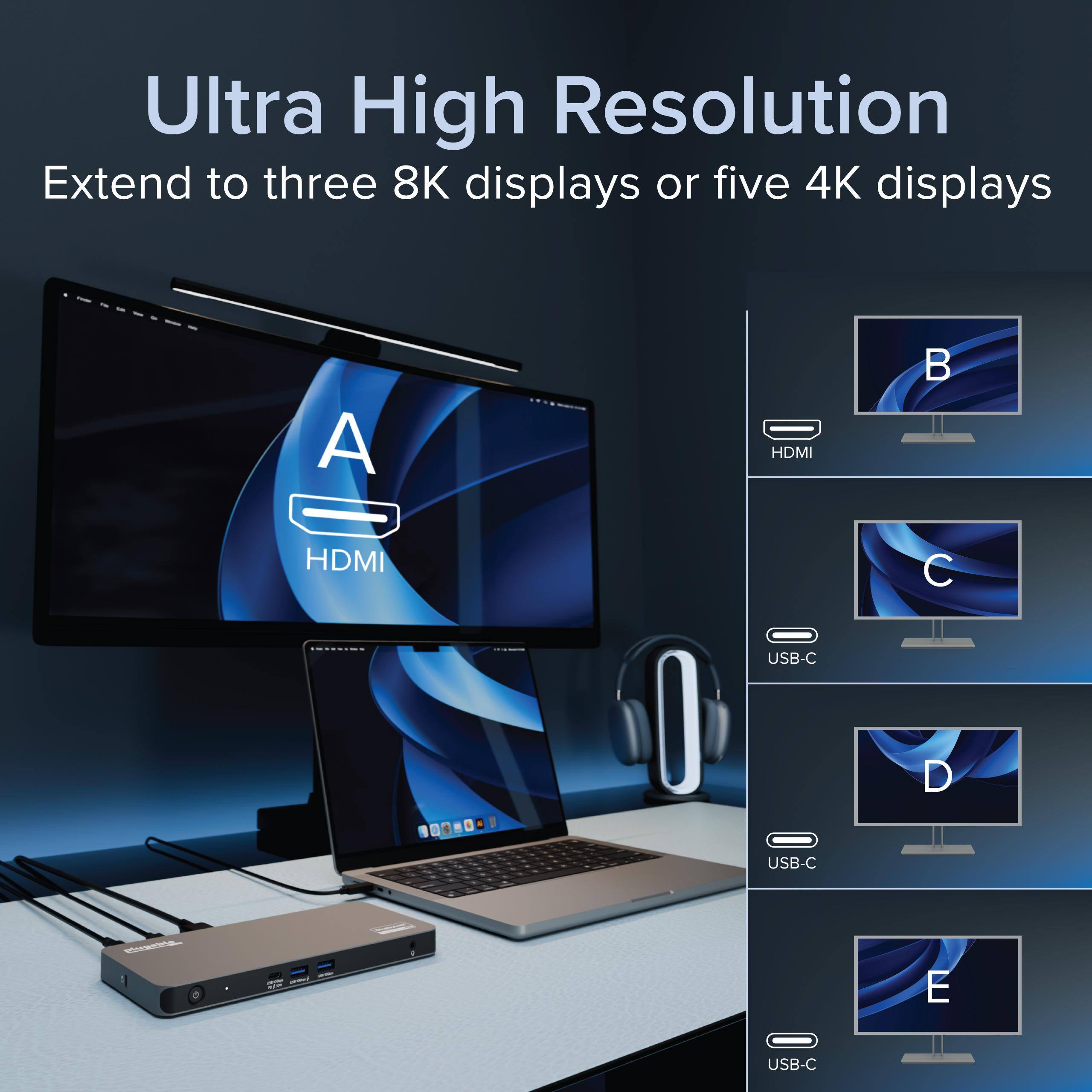 Ultra High Resolution Extend to three 8K displays or five 4K displays A HDMI  HDMI 1 6 . I USB-C USB-C C - E USB-C