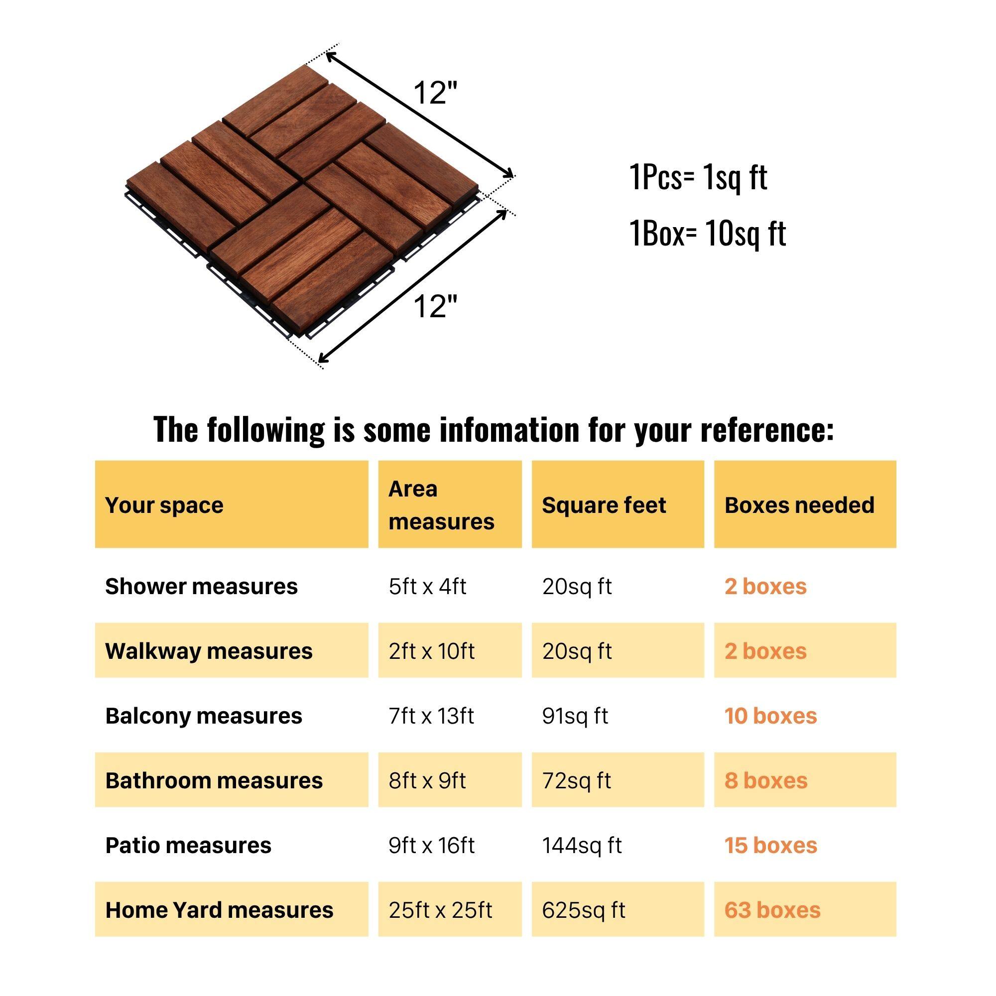 12" 1Pcs = 1sq ft  
1Box = 10sq ft  

The following is some information for your reference:  

Your space | Area measures | Square feet | Boxes needed  
--- | --- | --- | ---  
Shower measures 5ft x 4ft | 20sq ft | 2 boxes  
Walkway measures 2ft x 10ft | 20sq ft | 2 boxes  
Balcony measures 7ft x 13ft | 91sq ft | 10 boxes  
Bathroom measures 8ft x 9ft | 72sq ft | 8 boxes  
Patio measures 9ft x 16ft | 144sq ft | 15 boxes  
Home Yard measures 25ft x 25ft | 625sq ft | 63 boxes