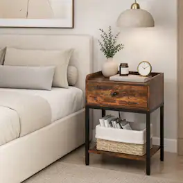 WELLFOR - Industrial Nightstand with Charging Station - Rustic Brown