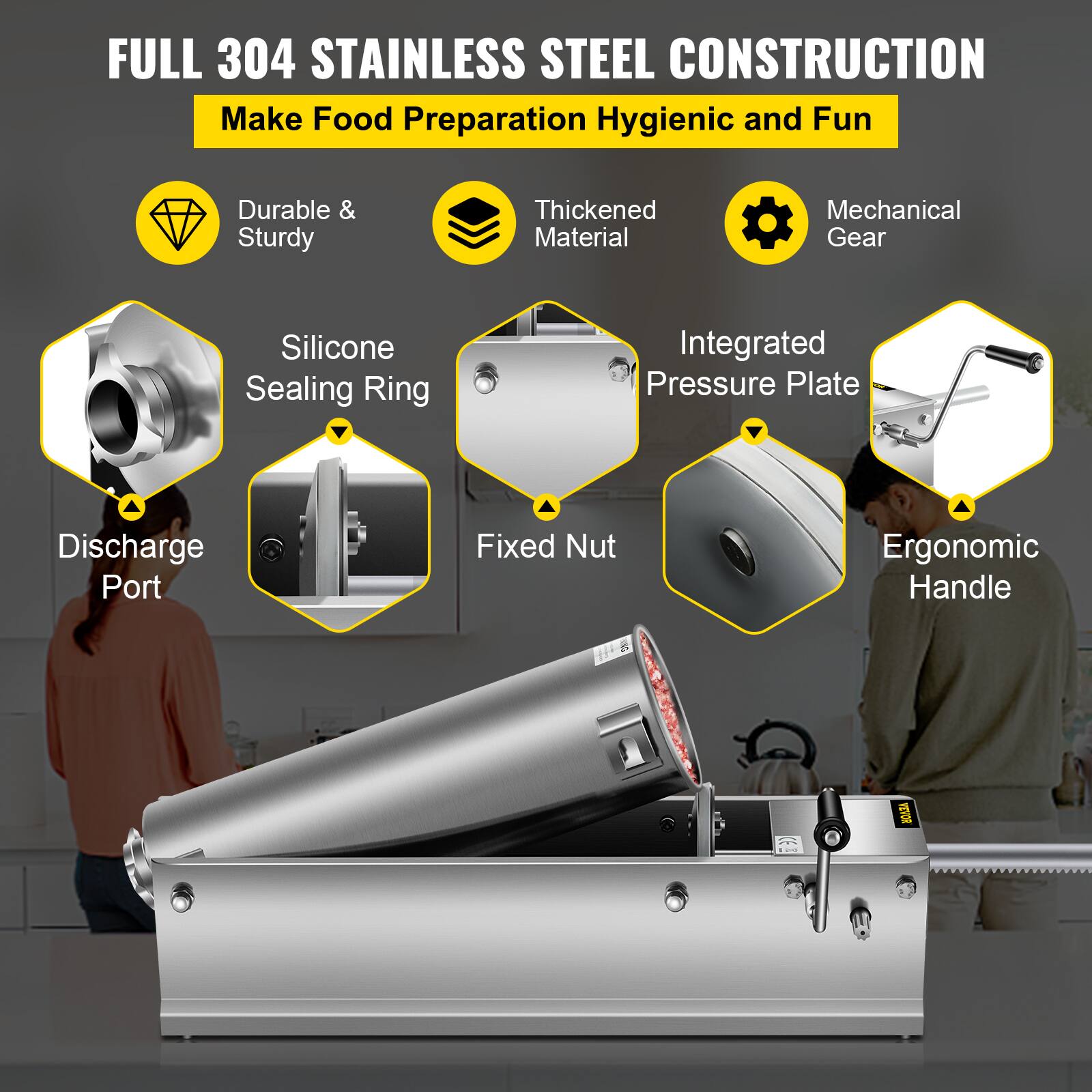 FULL 304 STAINLESS STEEL CONSTRUCTION  
Make Food Preparation Hygienic and Fun  

- Durable & Sturdy  
- Thickened Material  
- Mechanical Gear  
- Silicone Sealing Ring  
- Integrated Pressure Plate  
- Discharge Port  
- Fixed Nut  
- Ergonomic Handle