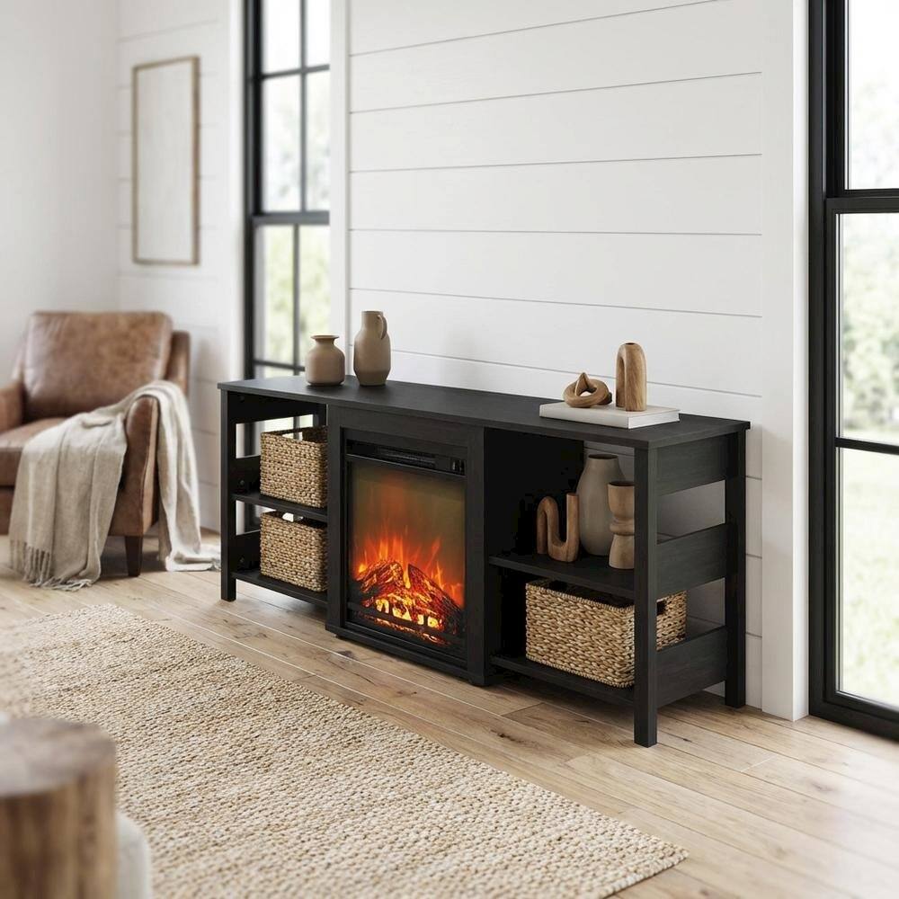 Alt View 1. FurniFact - Americano Wood TV Stand with Fireplace and Open Storage - Black.