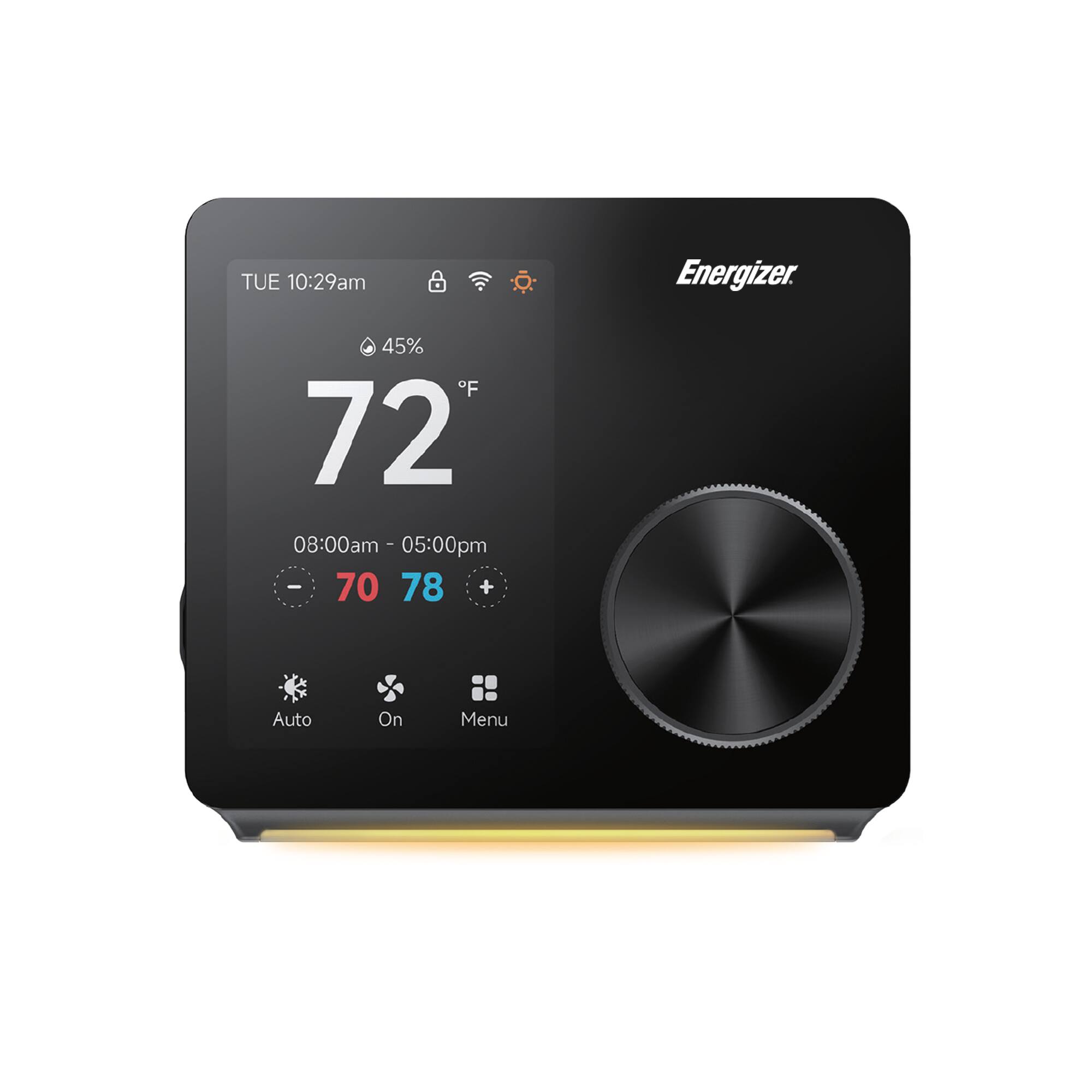 TUE 10:29am  
Energizer  
45%  
72°F  
08:00am - 05:00pm  
70 78  
Auto On Menu