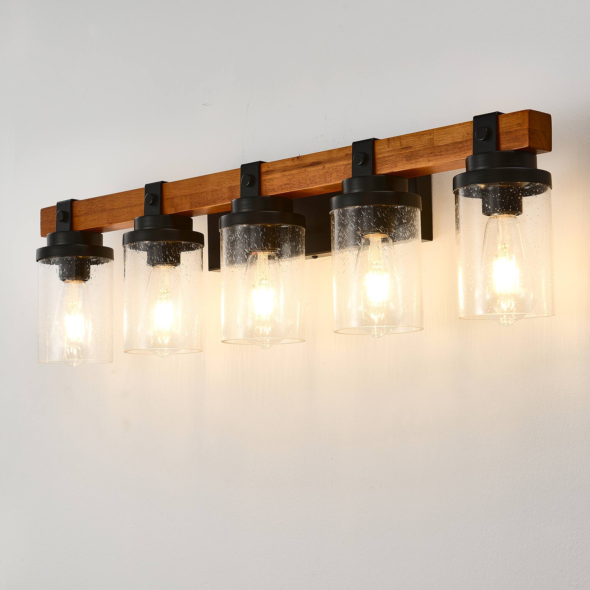 Left. TinyHomie - 5 Light Matte Black Wood Wall Lamps with Glass Lamp Shades No Bulbs For Bathroom Kitchen Dinning Room.