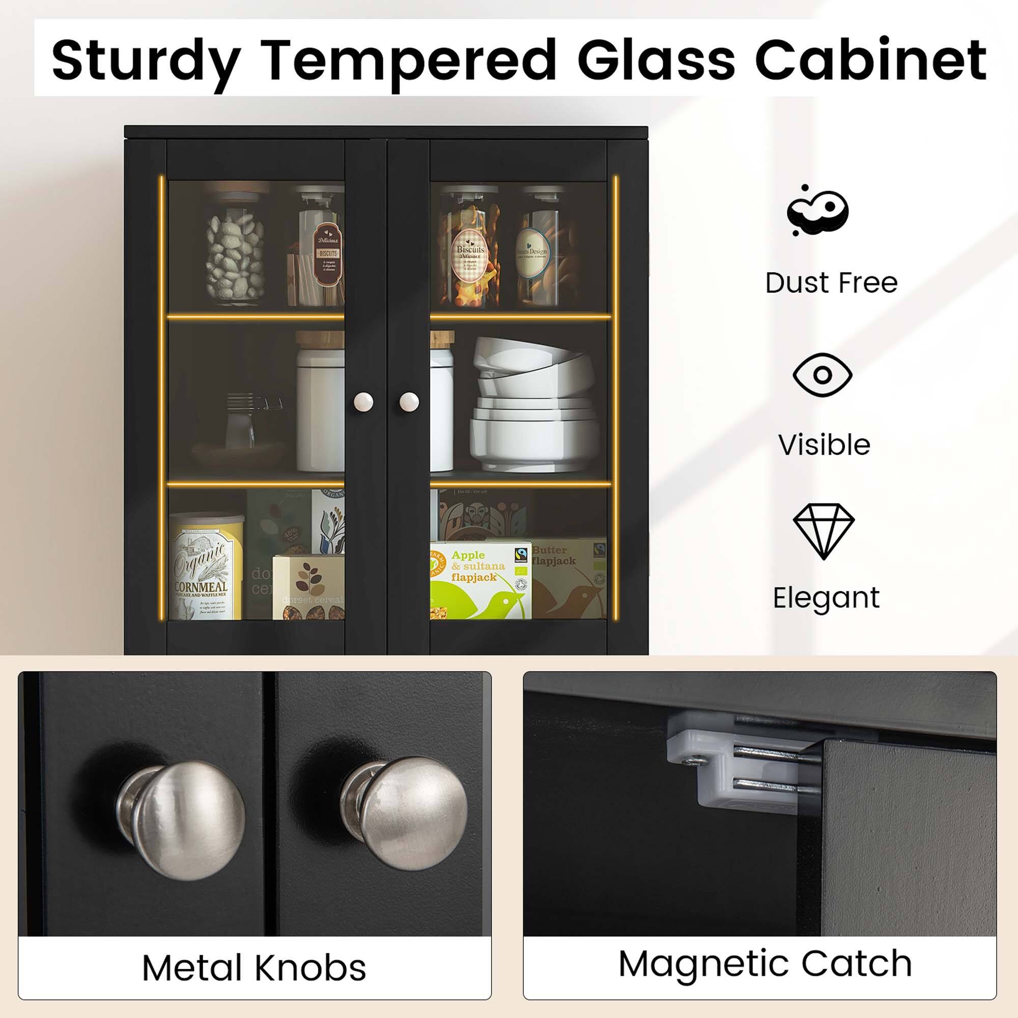 Sturdy Tempered Glass Cabinet - Dust Free Visible - Magnetic Catch - Elegant Metal Knobs