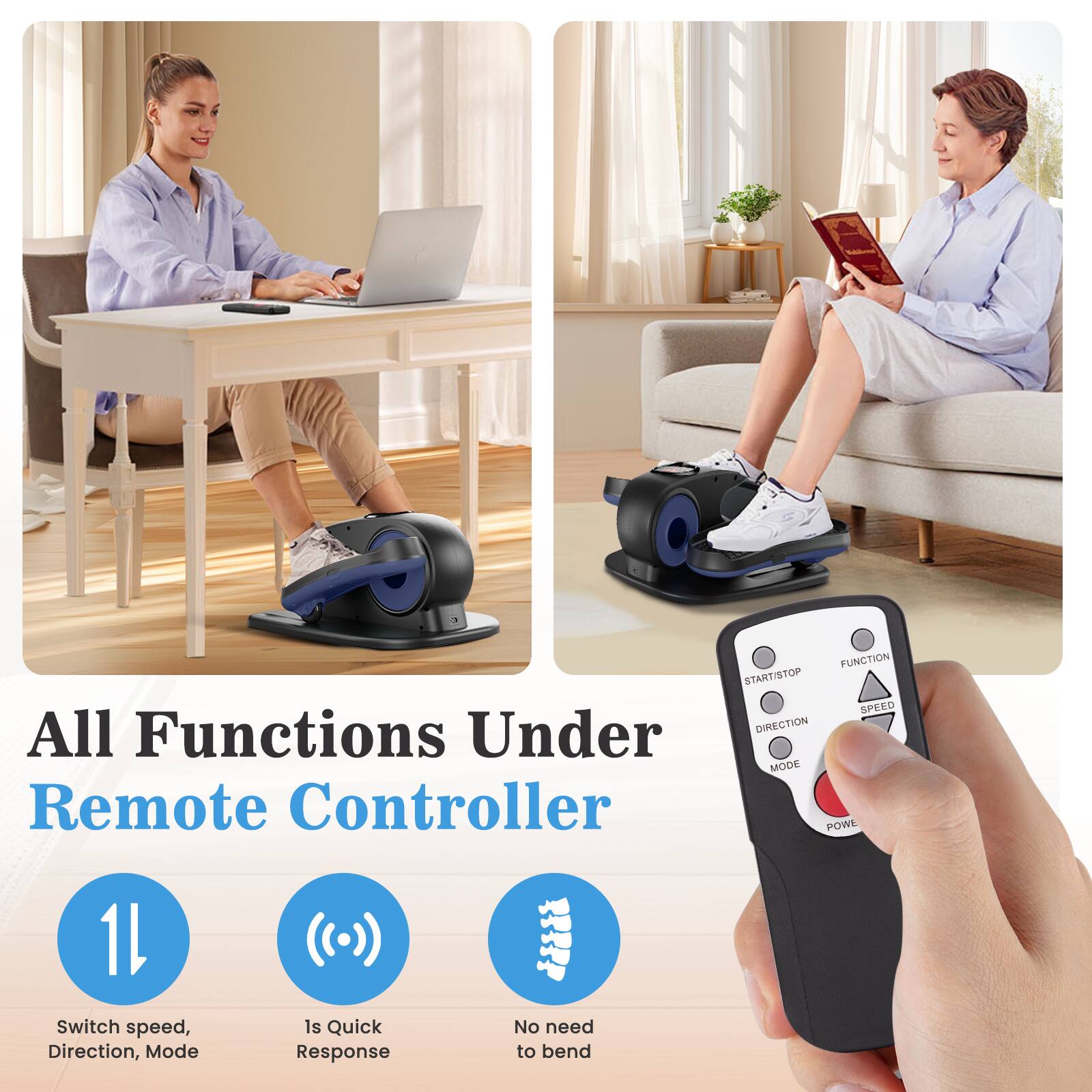 All Functions Under Remote Controller

FUNCTION
START/STOP
SPEED
DIRECTION
MODE
POWE

Switch speed, Direction, Mode is Quick Response
No need to bend