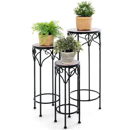 Front. Gymax - Gymax Metal Plant Stand Set of 3 Mosaic Display Rack for Potted Plants 20'' 24'' 28'' - Black.