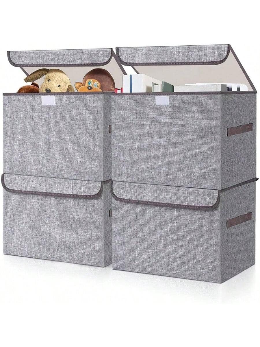 Live At Space - Large 22 Quart Linen Fabric Foldable Storage Bin Cube Organizer Basket with Flip - Top Lid Handles, Clothes Blanket Box - Gray + Medium - 4 pack