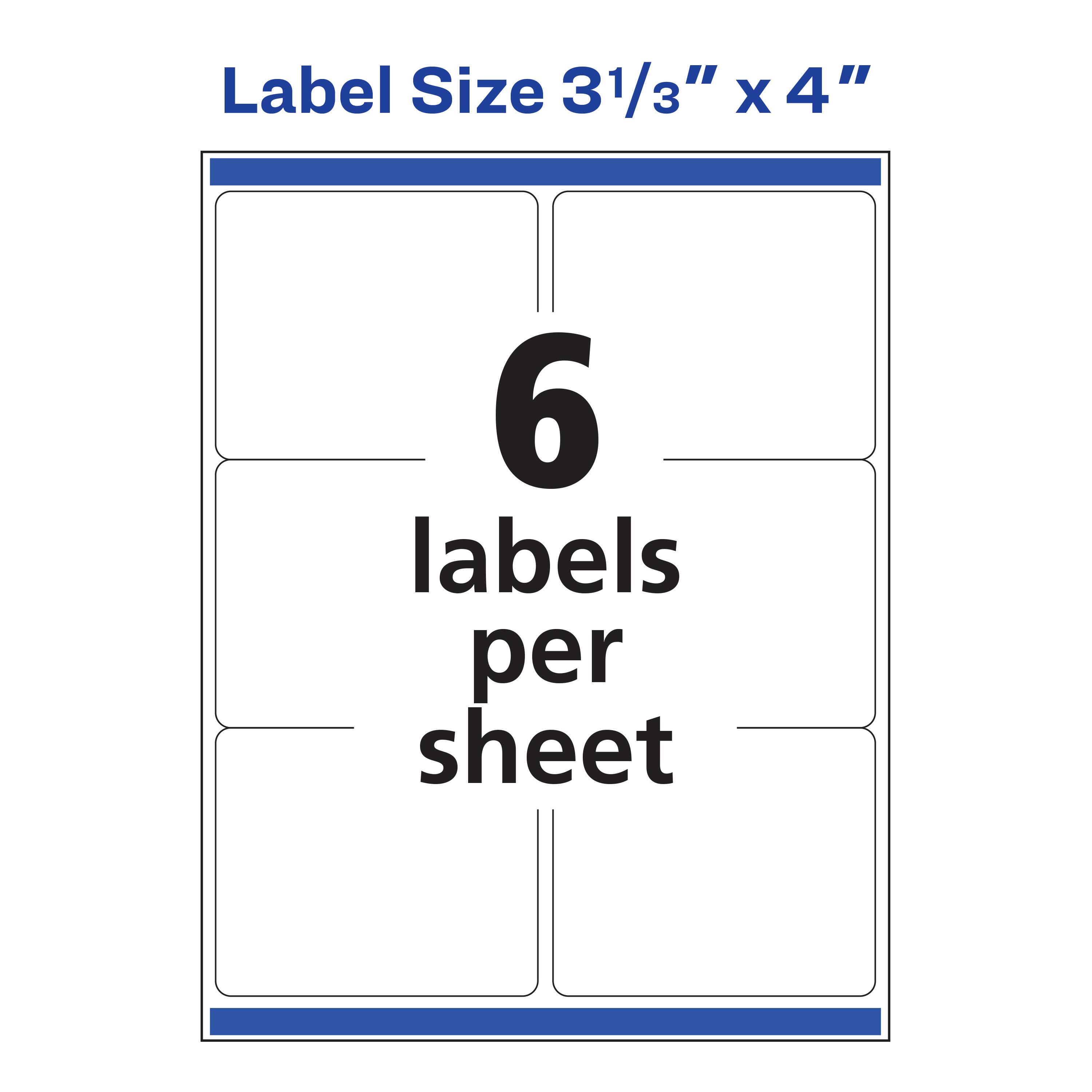 Label Size 3 1/3" x 4"  
6 labels per sheet