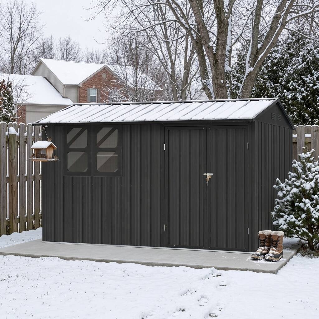 Alt View 7. Loheer - Loheer 12x10 Metal Shed Black Outdoor Storage Shed with Window Shelves and Apex Roof.