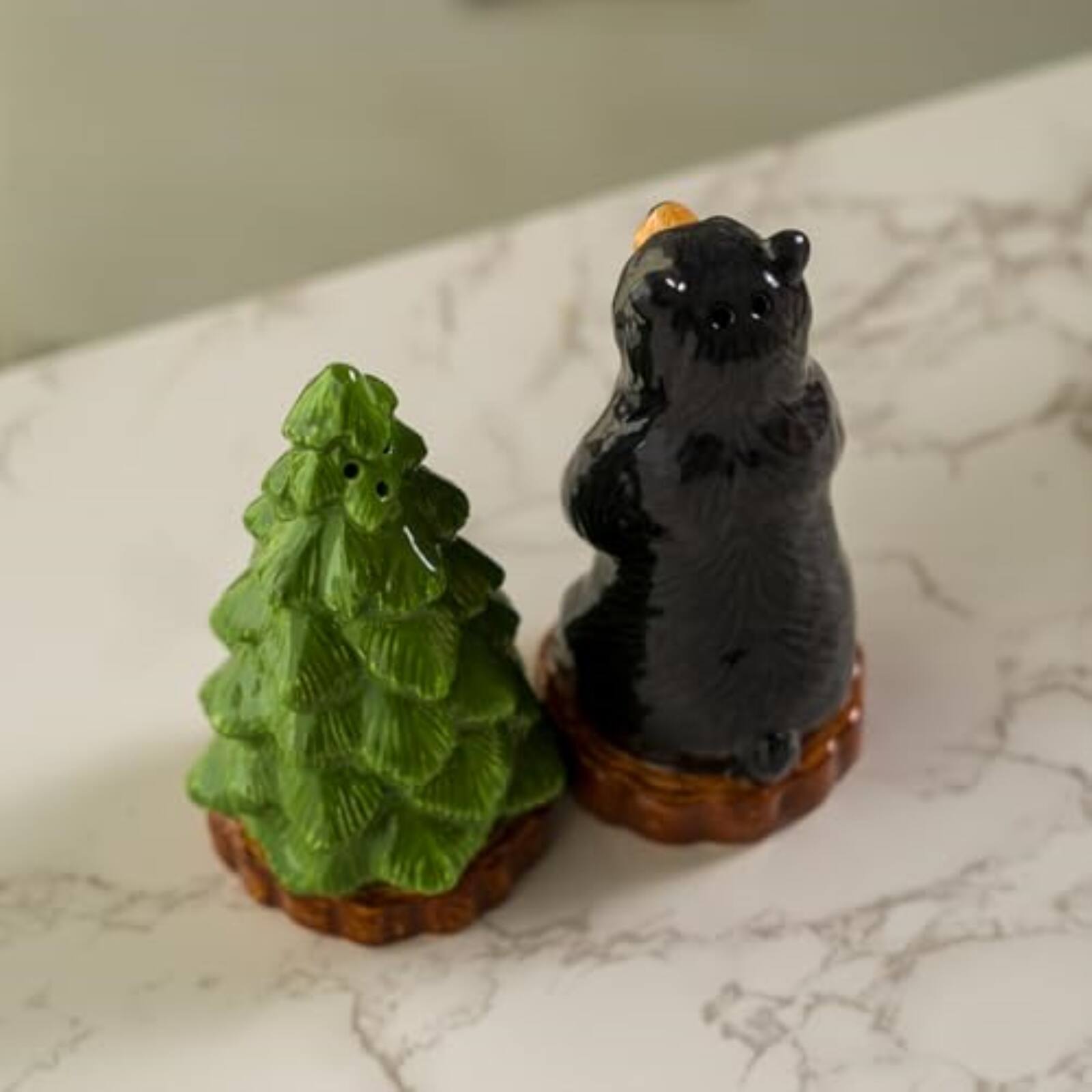 Back. Pacific Trading - Forest Retreat Black Bear and Tree Ceramic Magnetic Salt and Pepper Shaker Set - Multicolor.