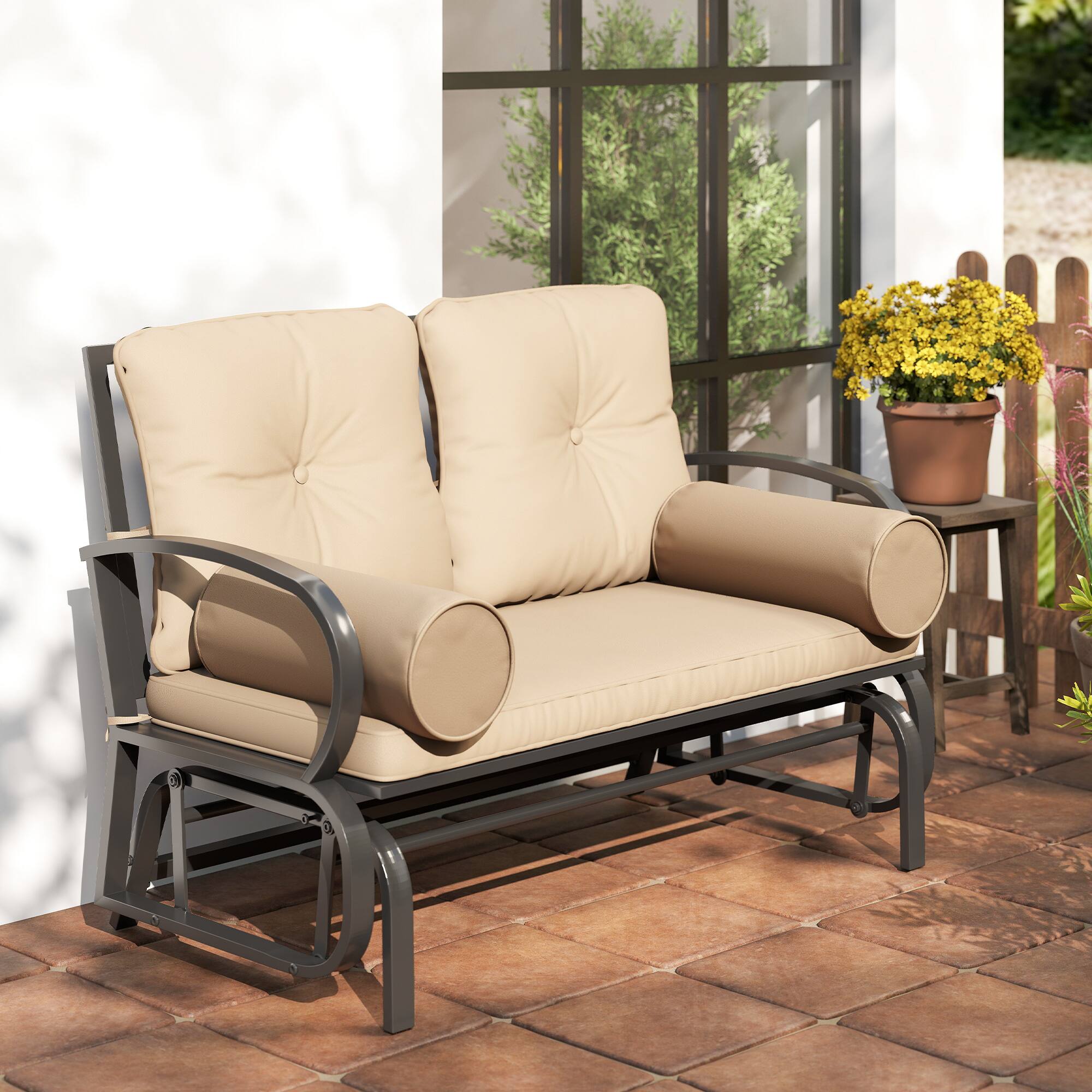 Alt View 8. Outsunny - Swing Glider Rocking Chair, Double Patio Bench, 2 Person Loveseat with Steel Frame, Cushions, Pillow Armrests - Khaki.