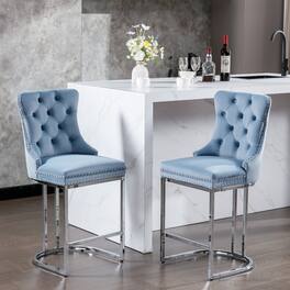 APRILSOUL - 26 Counter Height Bar Stools Set of 2 Modern Velvet Button Back Rivet Trim Light 2 Pack - Blue