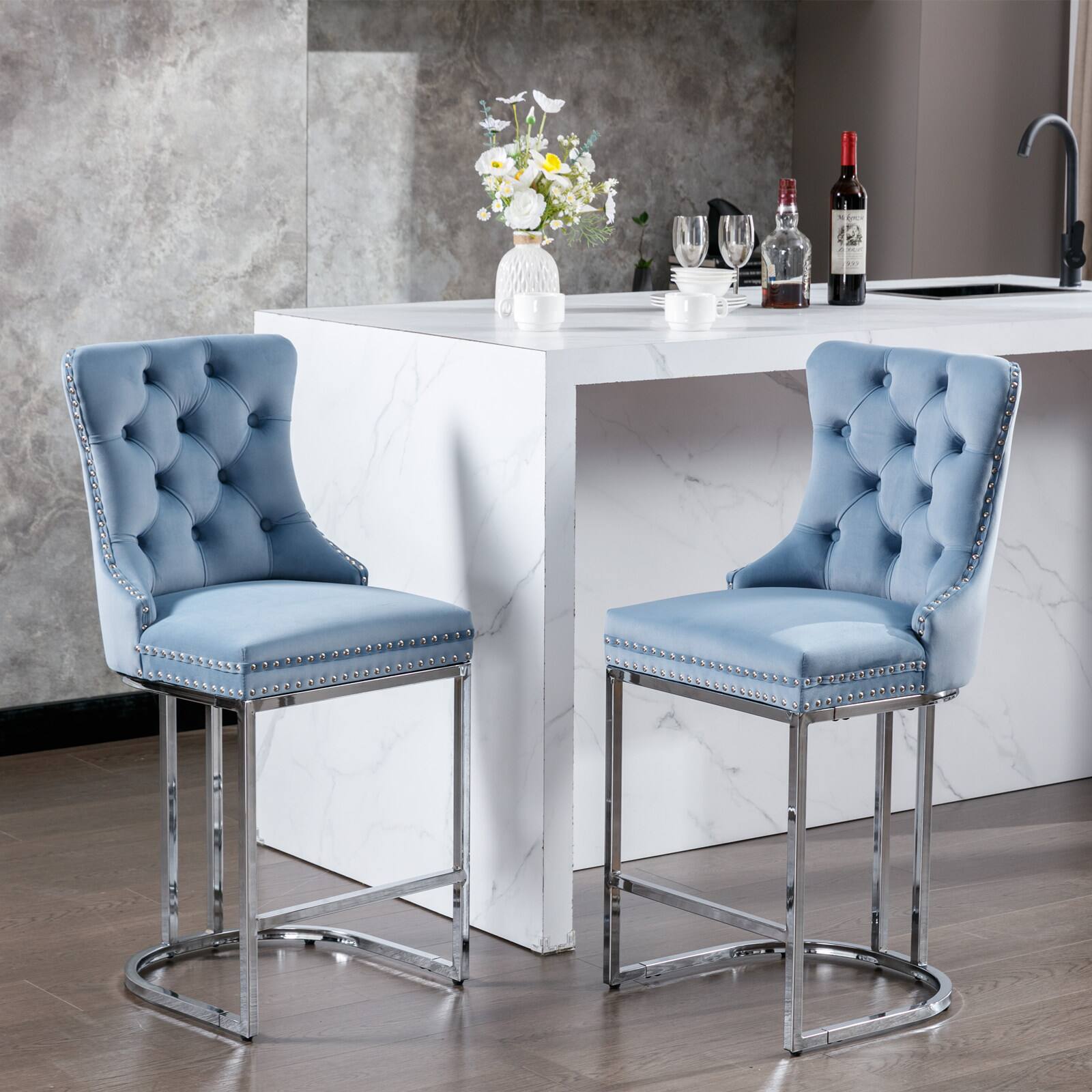 Front. APRILSOUL - 26 Counter Height Bar Stools Set of 2 Modern Velvet Button Back Rivet Trim Light Blue 2 Pack - Blue.