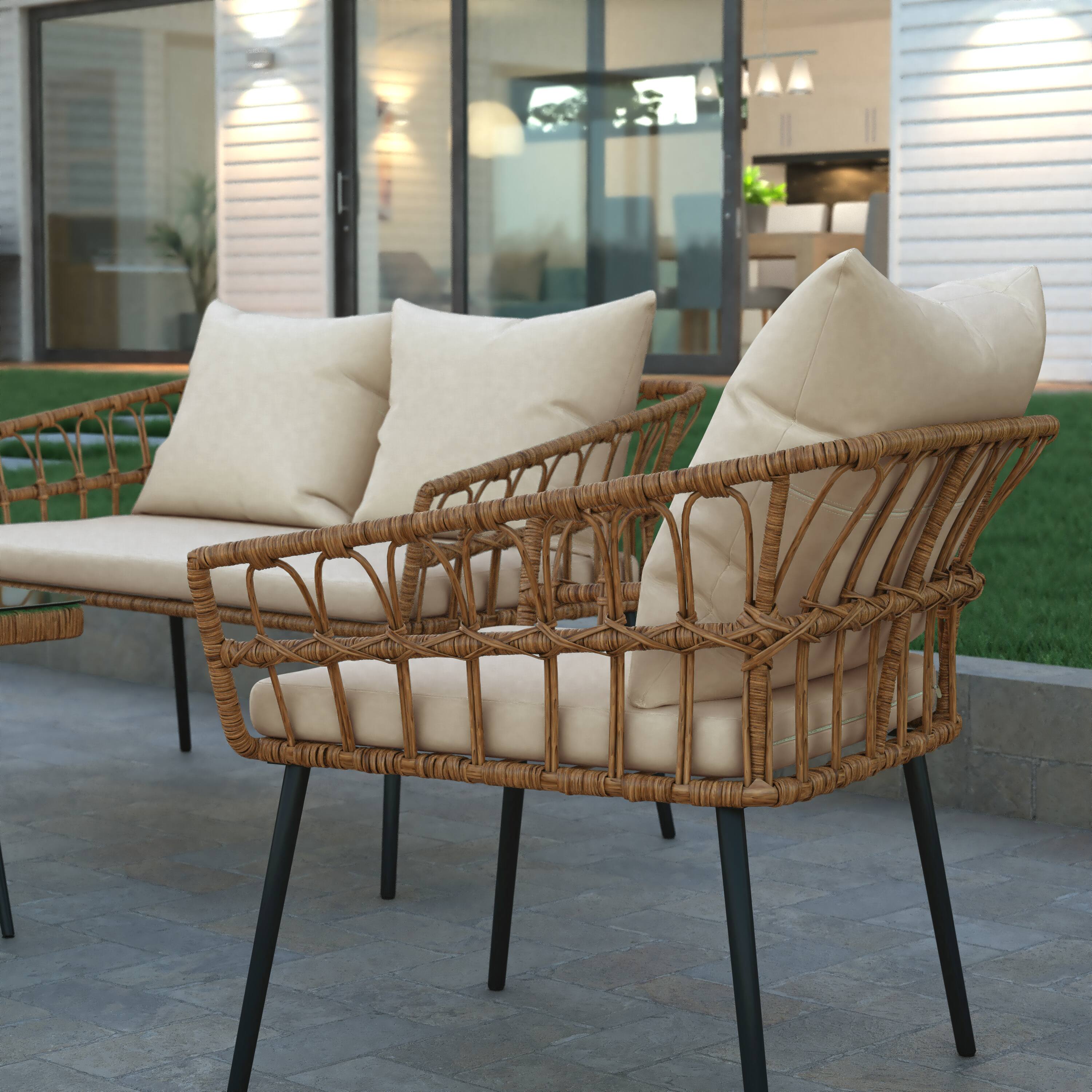 Alt View 4. Emma + Oliver - 4PC Rattan Patio Set with Two Chairs, Loveseat, Table & Cushions - Cream Cushions/Natural Frame.